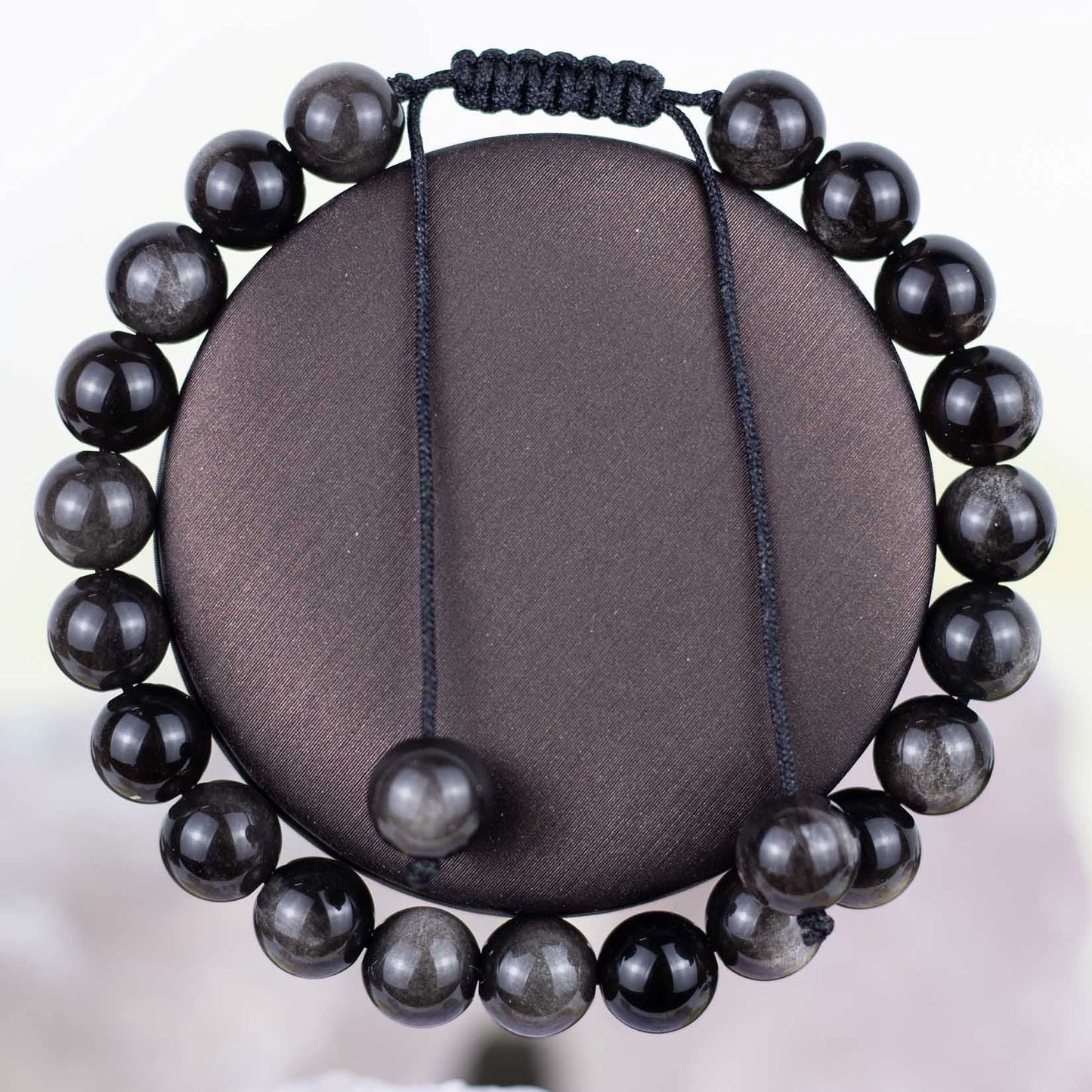 DAZCOLO Handmade Gem Bracelet Adjustable Macrame Gemstone 8mm Round Beads Crystals Quartz Unisex (Silvery Obsidian)