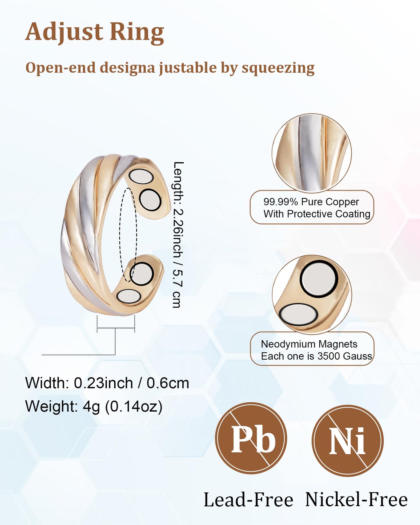 EnerMagiX Copper Rings for Women, Pure Copper Adjustable Magnetic Ring Jewelry, with 3500 Gauss Effective Magnet (Two-color gold)
