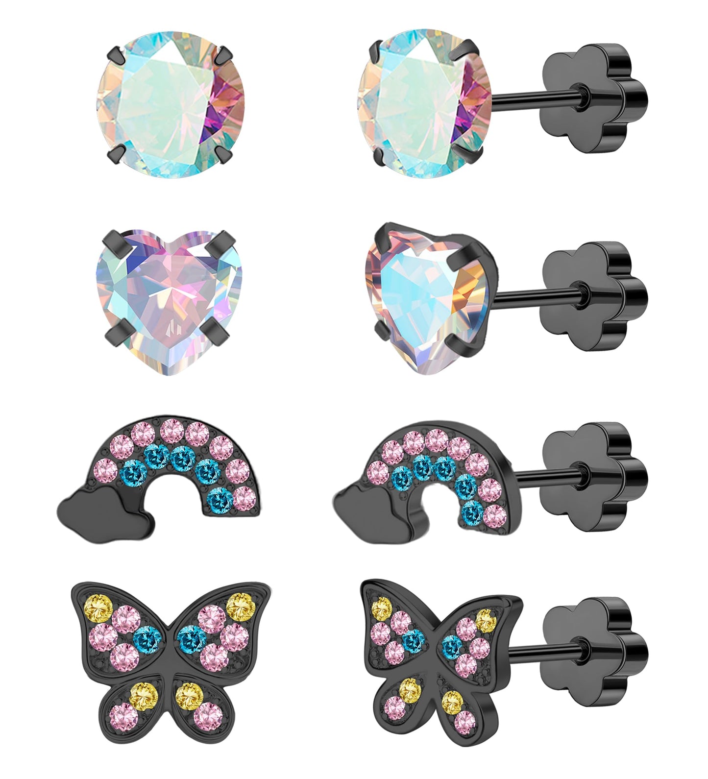 EQFE 4Pairs Hypoallergenic Earrings for Women 14K Gold Flat Back Earrings 20G Screw Back Cartilage Earring for Sensitive Skin CZ Heart Butterfly 316L Stainless Steel Stud Earrings