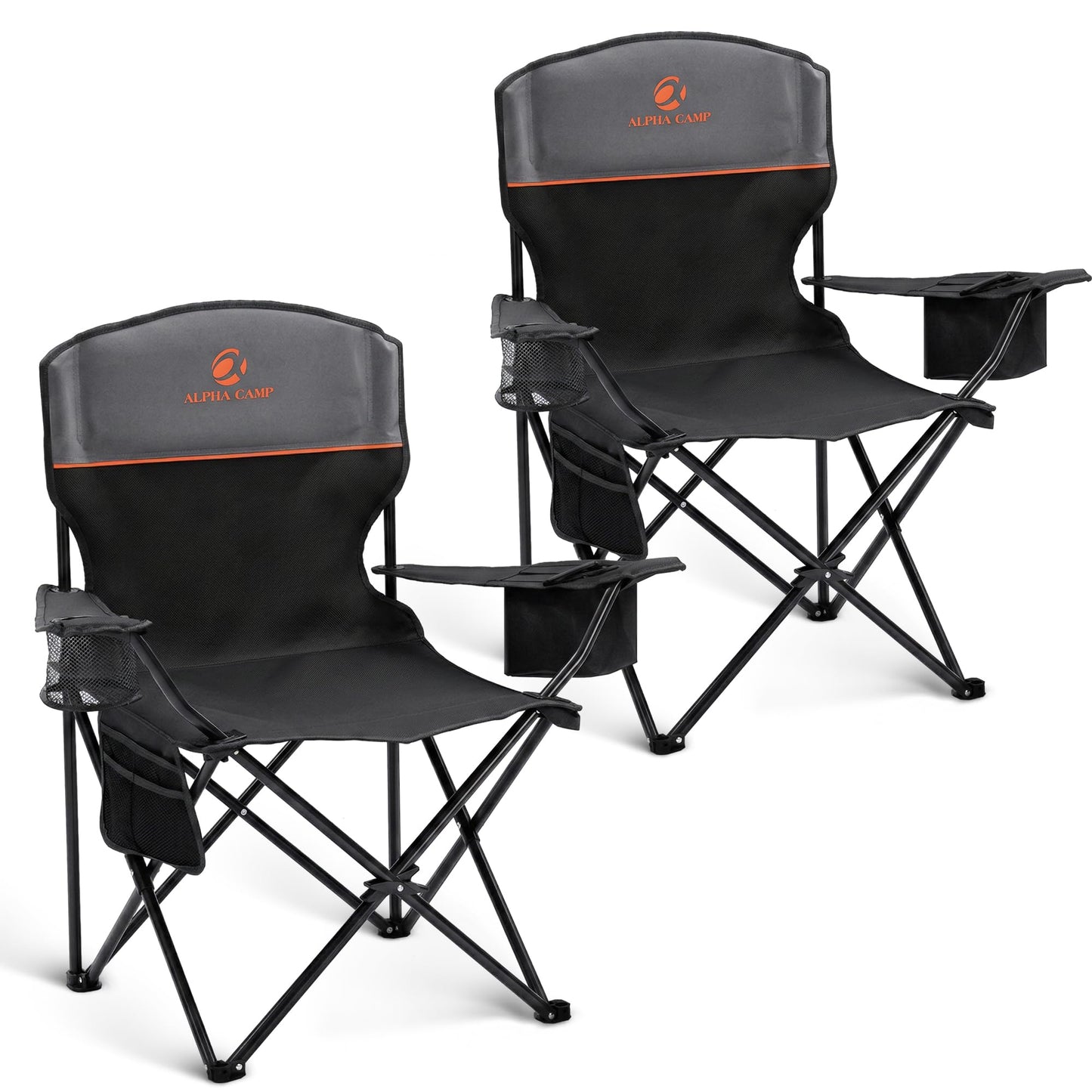 ALPHA CAMP Camping Chairs 350LBS Capacity, Heavy Duty Folding Chair with 4-Can Cooler Bag, Portable Outdoor Chair with Cup Holder for Adults, Collapsible for Tailgating, Beach, Fishing,Black