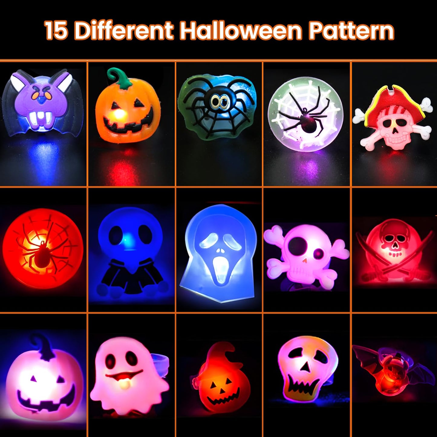 PNNJSSXT 50pcs Halloween LED Rings, Halloween Party Favors Glow in the Dark Party Supplies, Light Up Rings Perfect for Trick or Treat Gifts