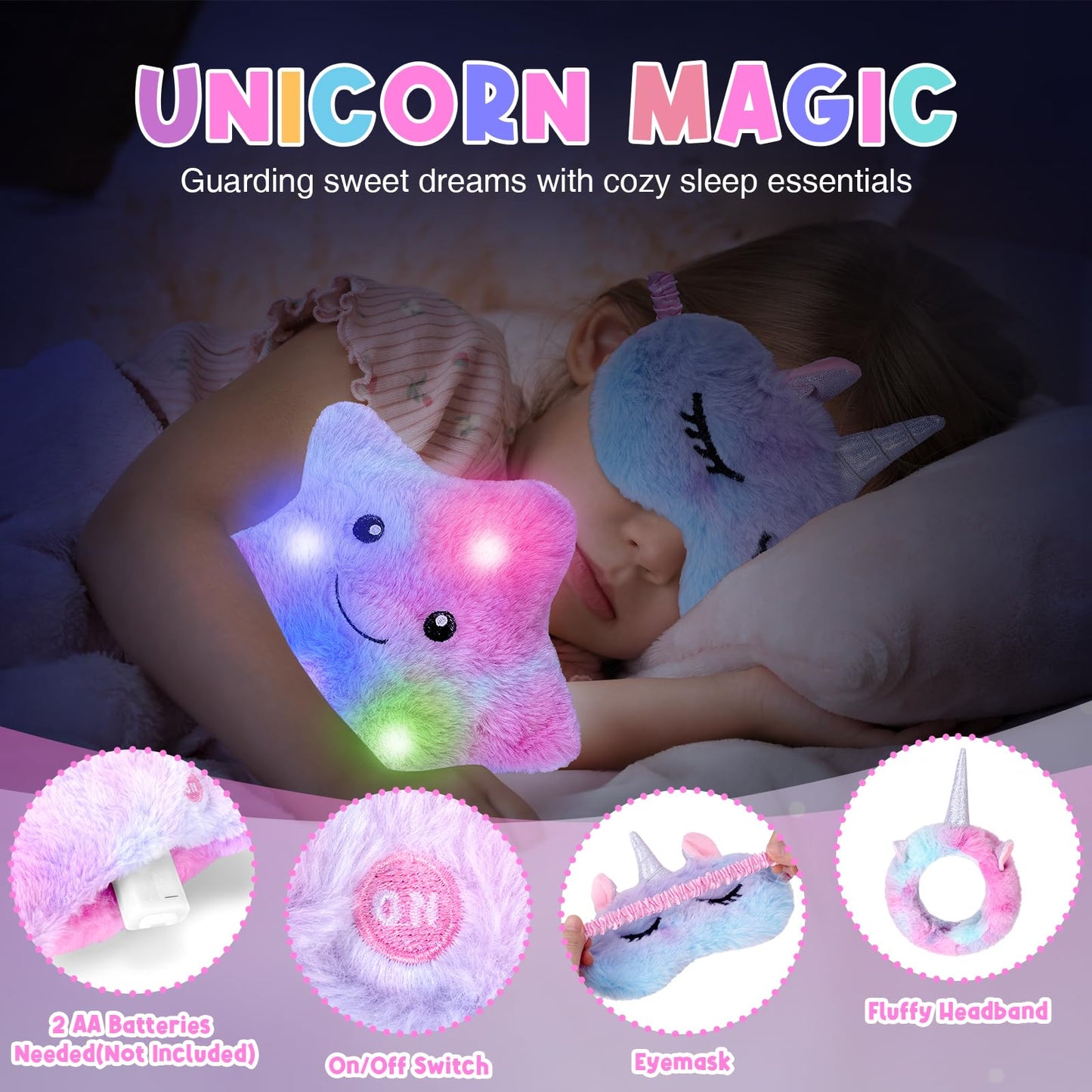 Unicorns Gifts for Girls Age 5 6 7 8 9 10 Years Old, Kids Unicorn Toy with Light Up Plush Star Pillow, Diary, Headband, Eye Mask, Water Bottle, Teen Soft Plush Toys Set for Birthday Gift Christmas