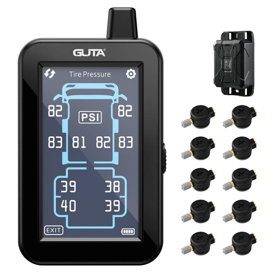 GUTA Tire Pressure Monitoring System, Trailer TPMS with Color Touchscreen Display & 10 Flow Thru Sensor, 6 Alert Modes, Signal Booster, Tire Pressure Monitor for RV, Camper, Semi, 5th Wheel (0-188PSI)
