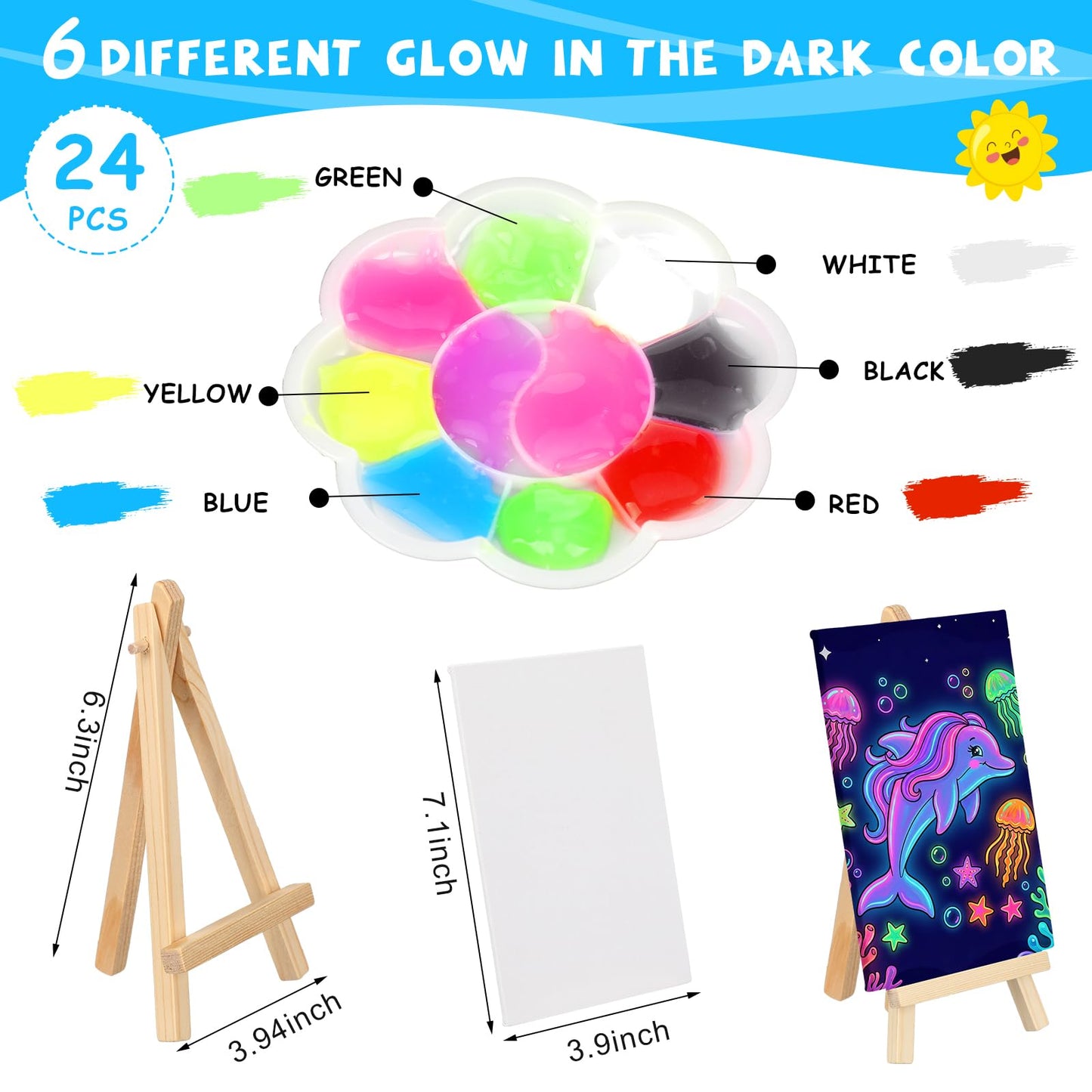 Tosstuki 24 Set Glow in the Dark Party Supplies Glow in Dark Paint Kit 3.9" x 5.9" Canvas for Painting with Wooden Easel Paint Brush Kit for DIY Crafts Rainbow Light up Birthday Luminous Party Favors