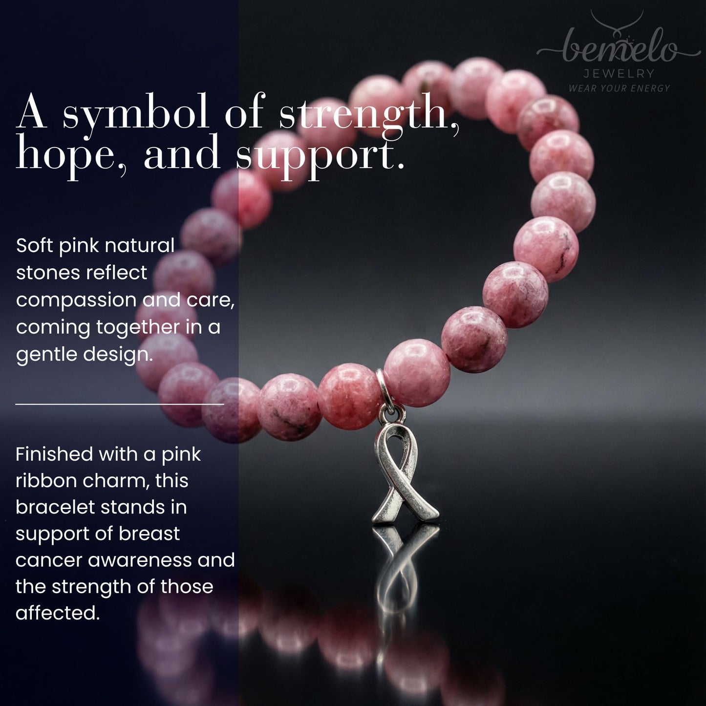 BEMELO Pink Hope Jasper Bracelet – Natural Pink Zebra Jasper Beaded Bracelet with Ribbon Charm, Inspirational Strength & Support Jewelry, Meaningful Handmade Gift for Women