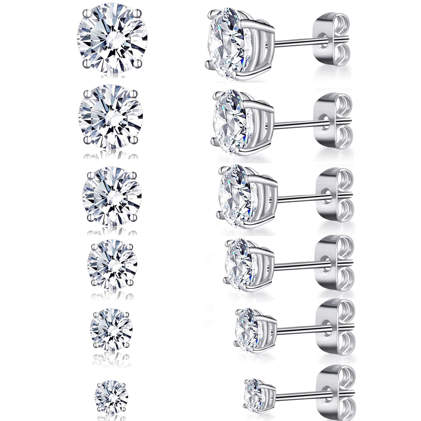 Gemsme 6 Pairs Cubic Zirconia Stud Earrings for Women/Men - 3-8mm Round Cut 4 Prong Settings 18K Gold Plated Hypoallergenic Earrings Set -White Gold
