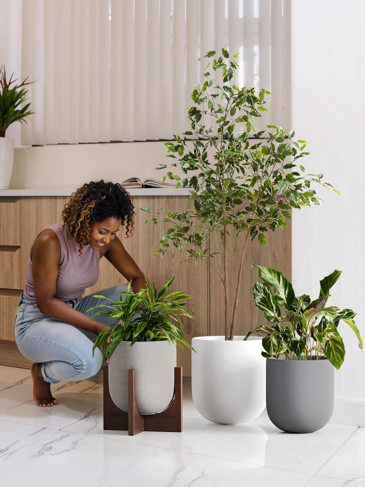 LE TAUCI 12 Inch Pots for Plants with Acacia Wood Stand, Ceramic Large Planters for Indoor Plants, Indoor Planters for Office Living Room, Cylinder Pots with Drainage Hole and Plug, White