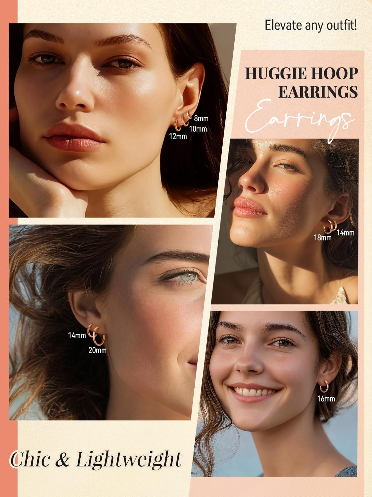 FaithHeart Hoop Earrings for Women, Rose Gold Hypoallergenic Huggie Hoop Earrings, Small Cartilage Earrings for Women 16mm, Send Gift Box