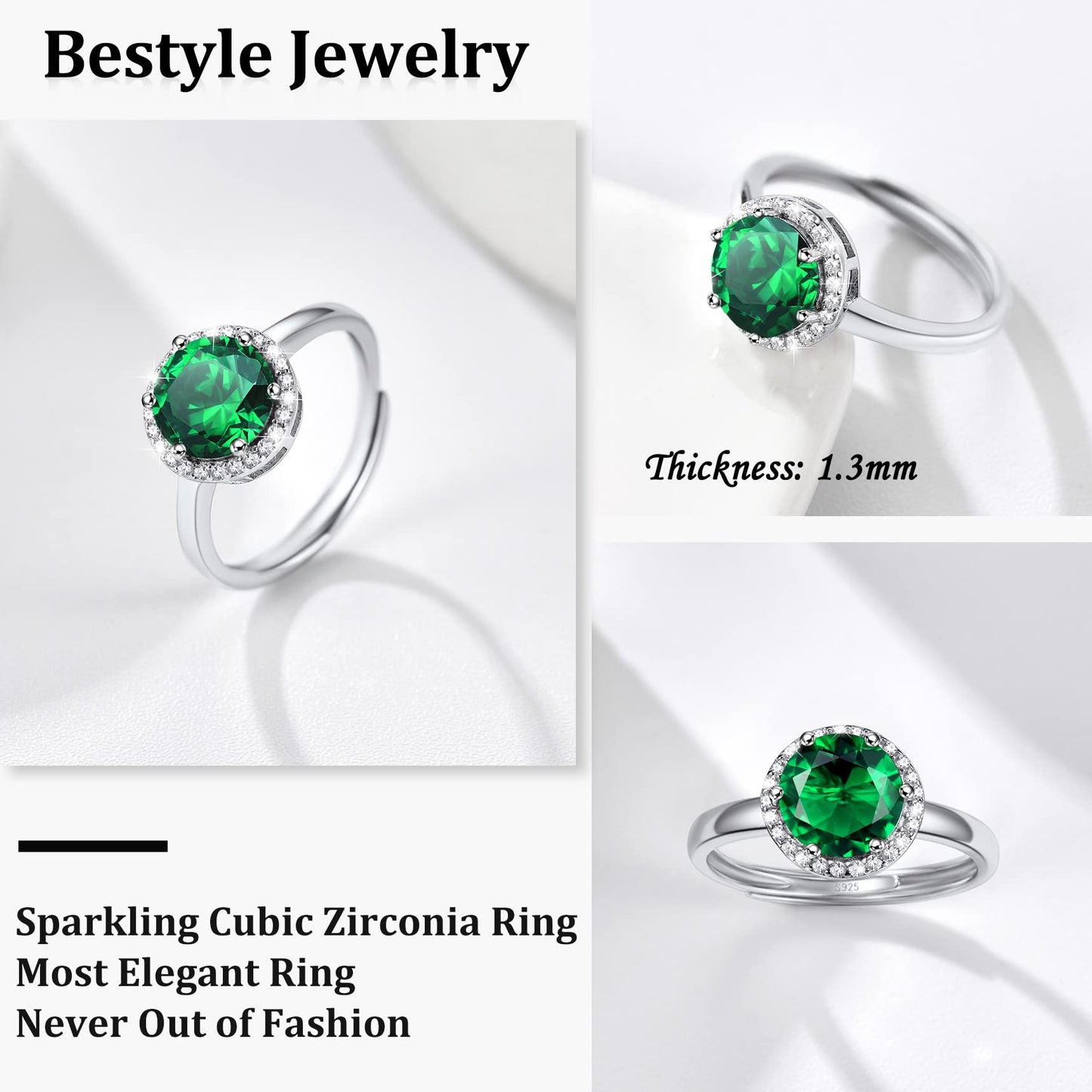 Bestyle Round May Emerald Birthstone Rings Embellished with White Cubic Zirconia Minimalist Sterling Silver Open Band Gemstone Rings for Birthday/Christmas/Party/Anniversary/Wedding