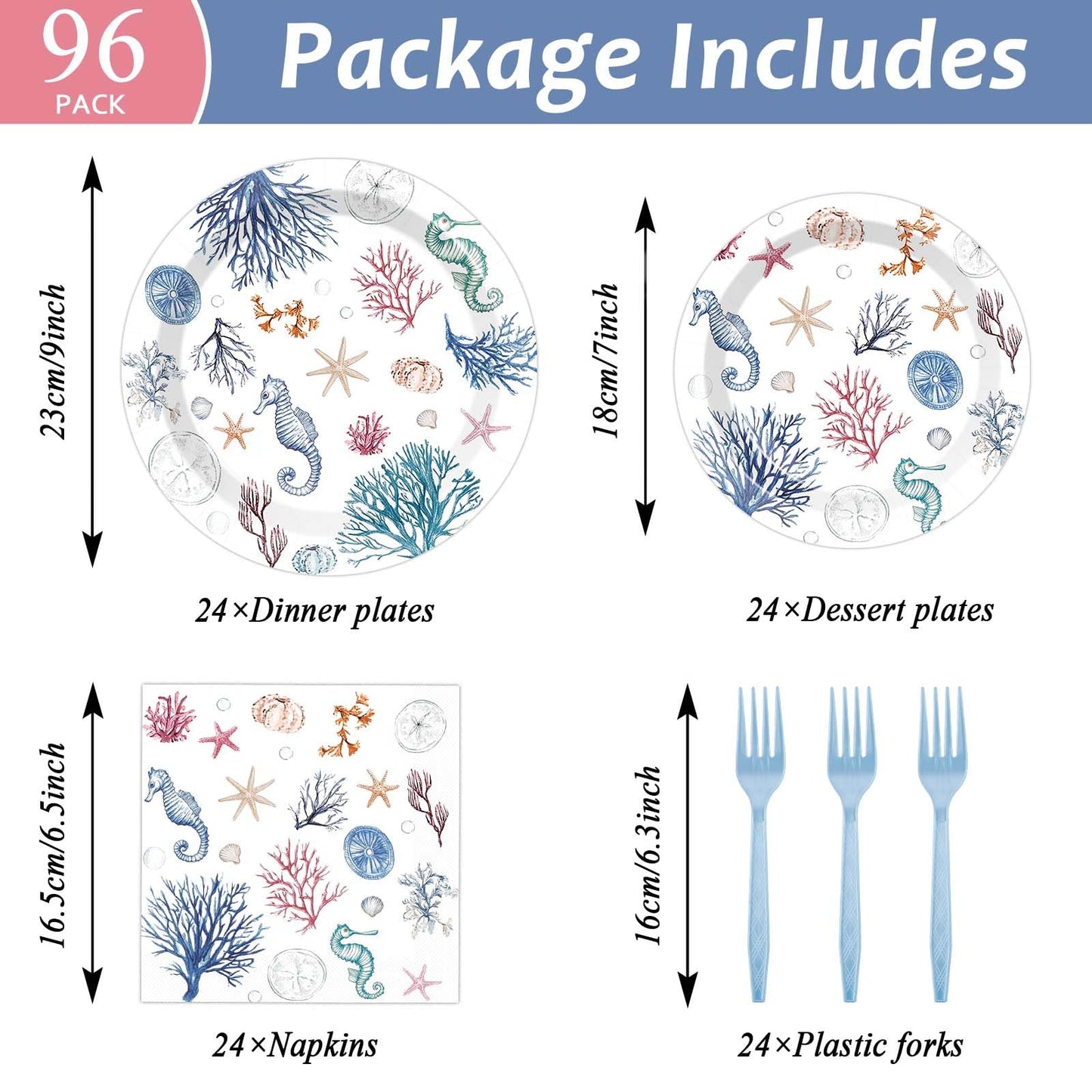 96Pcs Seashell Party Supplies Ocean Beach Birthday Plates and Napkins Blue Coastal Seashell Tableware Beach Disposable Dinnerware for Wedding Baby Shower Birthday Party Decorations for 24 Guests