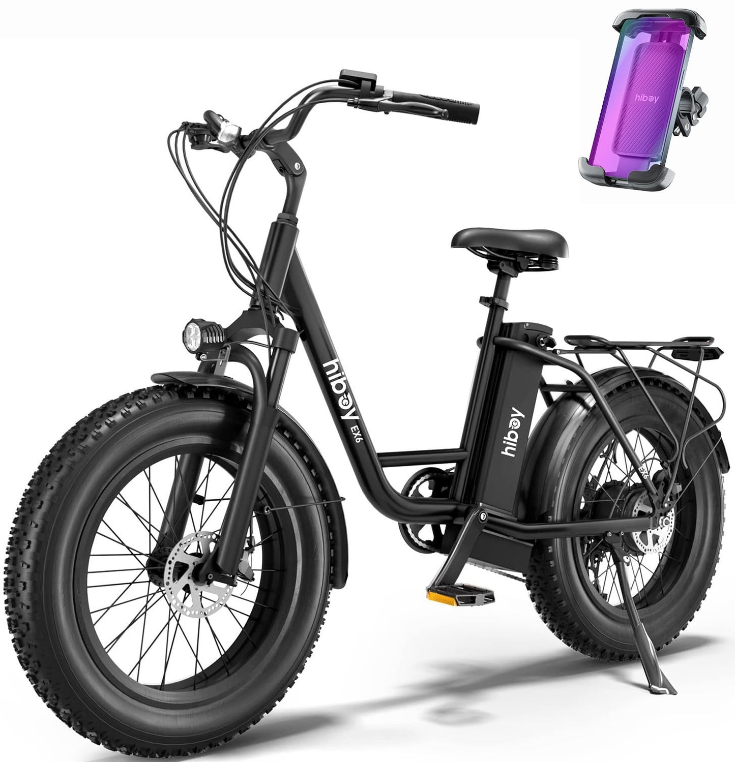 Hiboy EX6 Electric Bike for Adults with 500W Power Motor, 25mph Speed | 48V Removable Battery | 20" Electric Bicycle | Shimano 7-Speed | Front Suspension | Includes Phone Mount | Glossy Black