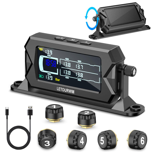Tire Pressure Monitoring System for RV Truck Trailer, 6 Sensors TPMS, 0-15 Bar/217 PSI, 3-Level Bright LCD with Time Display, Type-C & Solar Charging, 7 Smart Alerts for RV/Trailer/Truck IP68