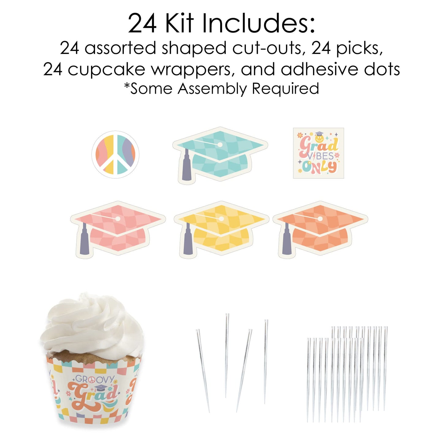 Big Dot of Happiness Groovy Grad - Cupcake Decoration - Hippie Graduation Party Cupcake Wrappers and Treat Picks Kit - Set of 24