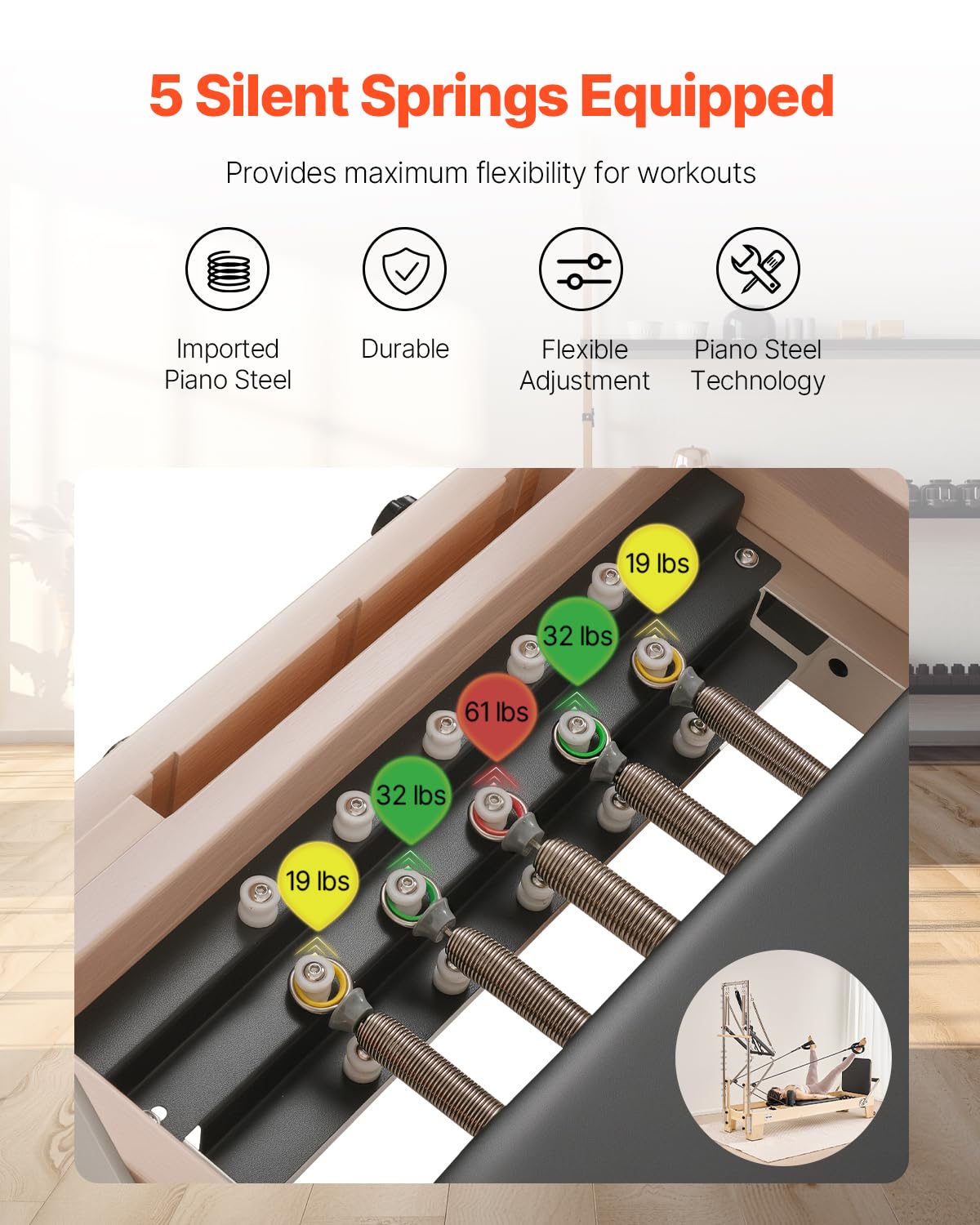 VEVOR Pilates Reformer, Wooden Pilates Machine for Home Gym Studio, Strength Training Workout Equipment with Dual Resistance, Reformer Box, Jump Board, for Advanced Users and Beginners, Up to 400 LBS