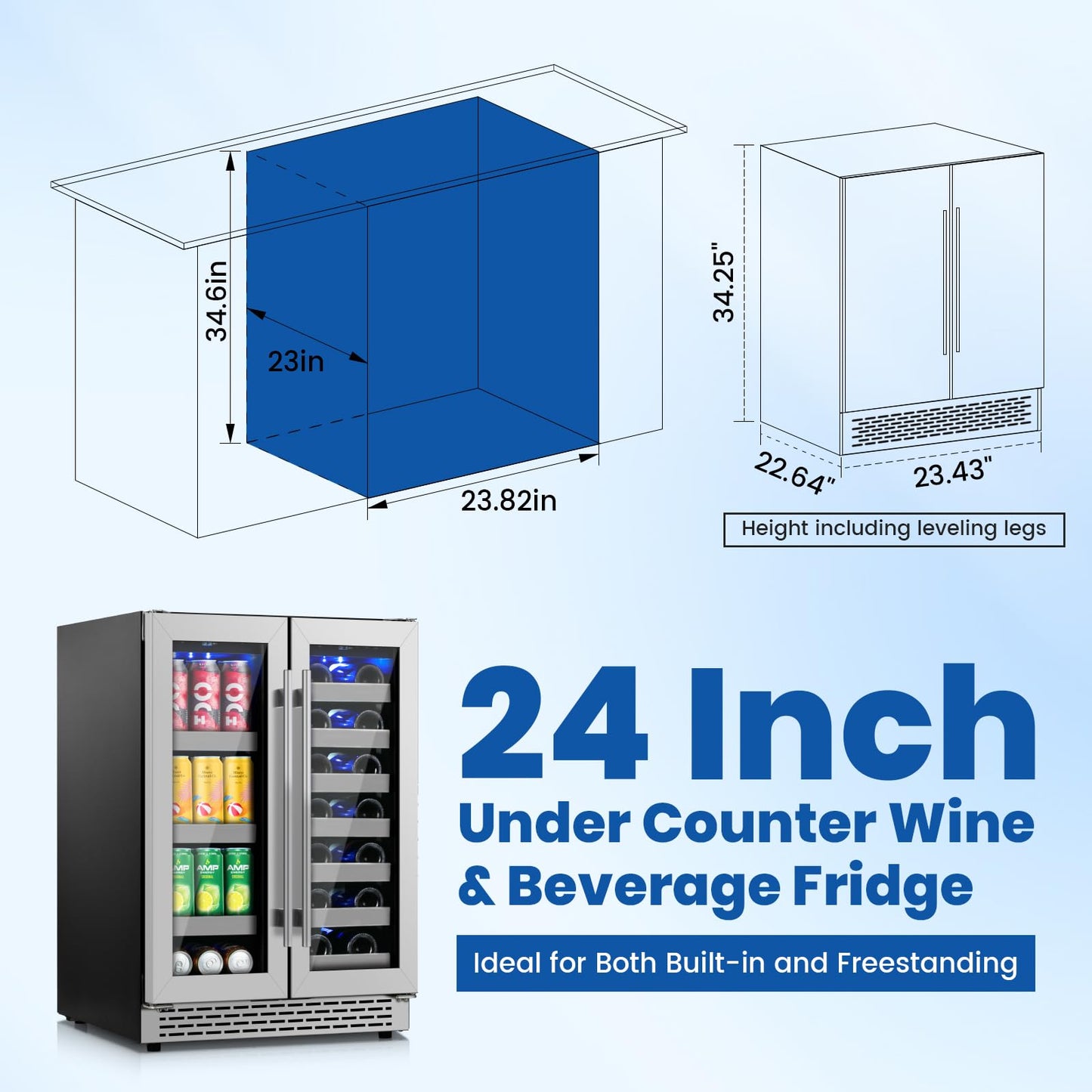 WINEBOSS 24 Inch Wine and Beverage Refrigerator, Dual Zone Wine Fridge Under Counter, 20 Bottle & 88 Cans Wine Cooler Refrigerator with Glass Door & Stainless Steel Shelves for Beer Commercial Office