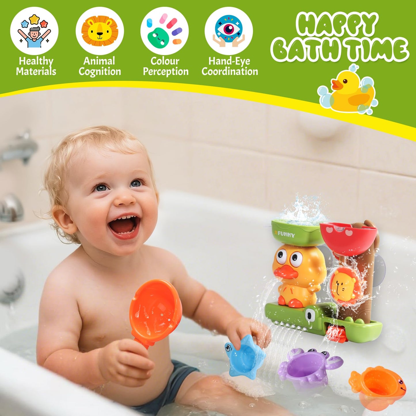 Baby Bath Toys for Kids Ages 1-3 Interactive Toddler Bath Toys Duck Sensory Bathtub Water Shower Toys with 3 Stacking Cups for 12+ Months Boys Girls Birthday Gifts