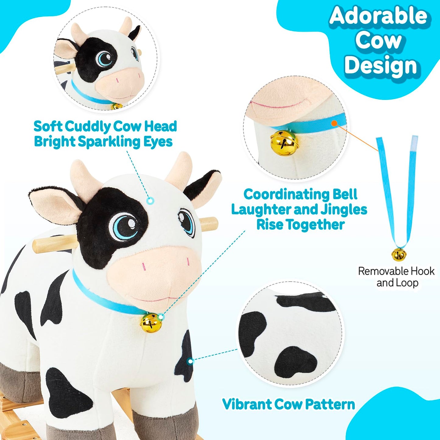 FUNLIO Cow Rocking Horse Ages 1-3, Adorable Baby Rocking Horse with Cuddly Head, Bright Sparkling Eyes & Jingling Bell, Stuffed Plush Ride-on Baby Rocker, Easy to Assemble, CPC & CE Certified