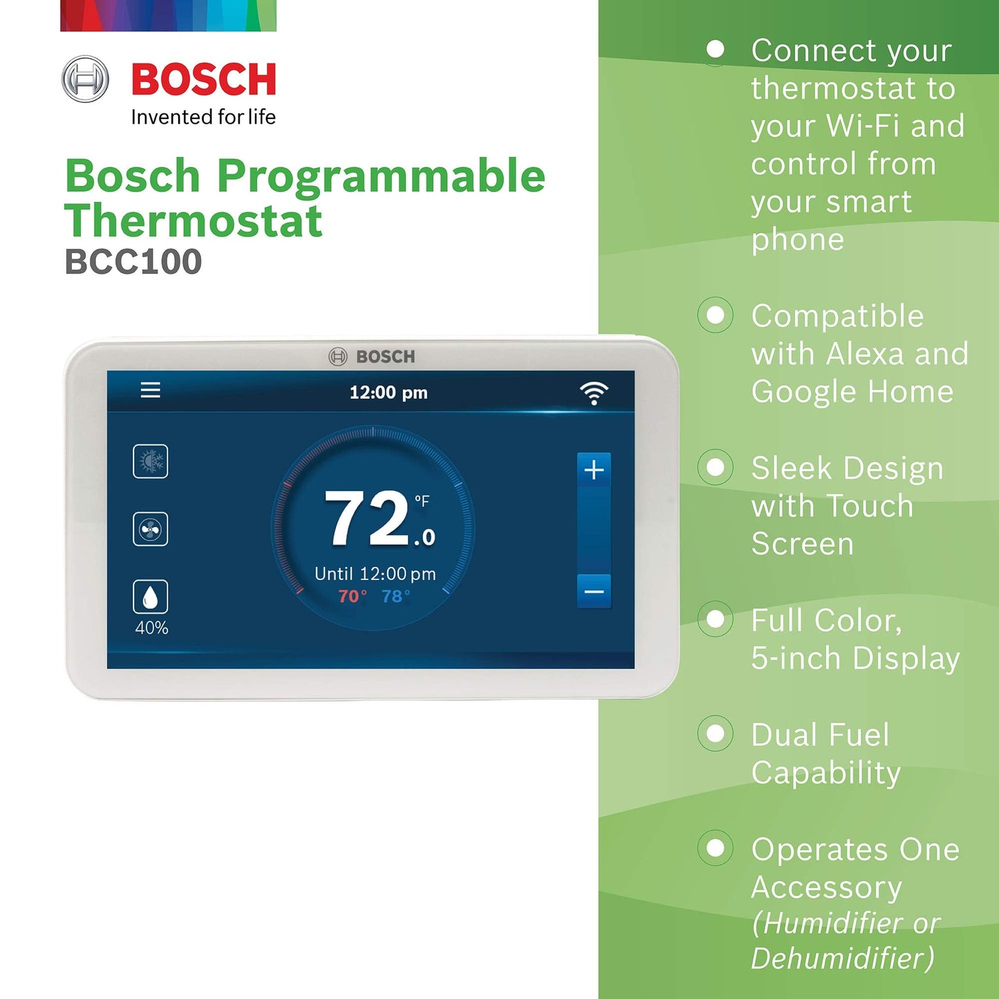 Bosch Large 5-Inch Full-Color Touch Screen Sleek Easy Setup Connected Control Smart Phone Wi-Fi Thermostat for 24V HVAC Systems with Bosch Connected Control App