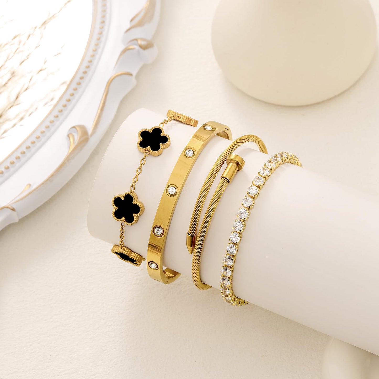 MEIERYA 18K Gold Plated Womens Stackable Floral Bracelets Set,Twisted Cable Bangle,Trendy Jewelry,Waterproof adjustable bracelet,Christmas Birthday Gifts for Girlfriend or Mother. (02-Color-black)