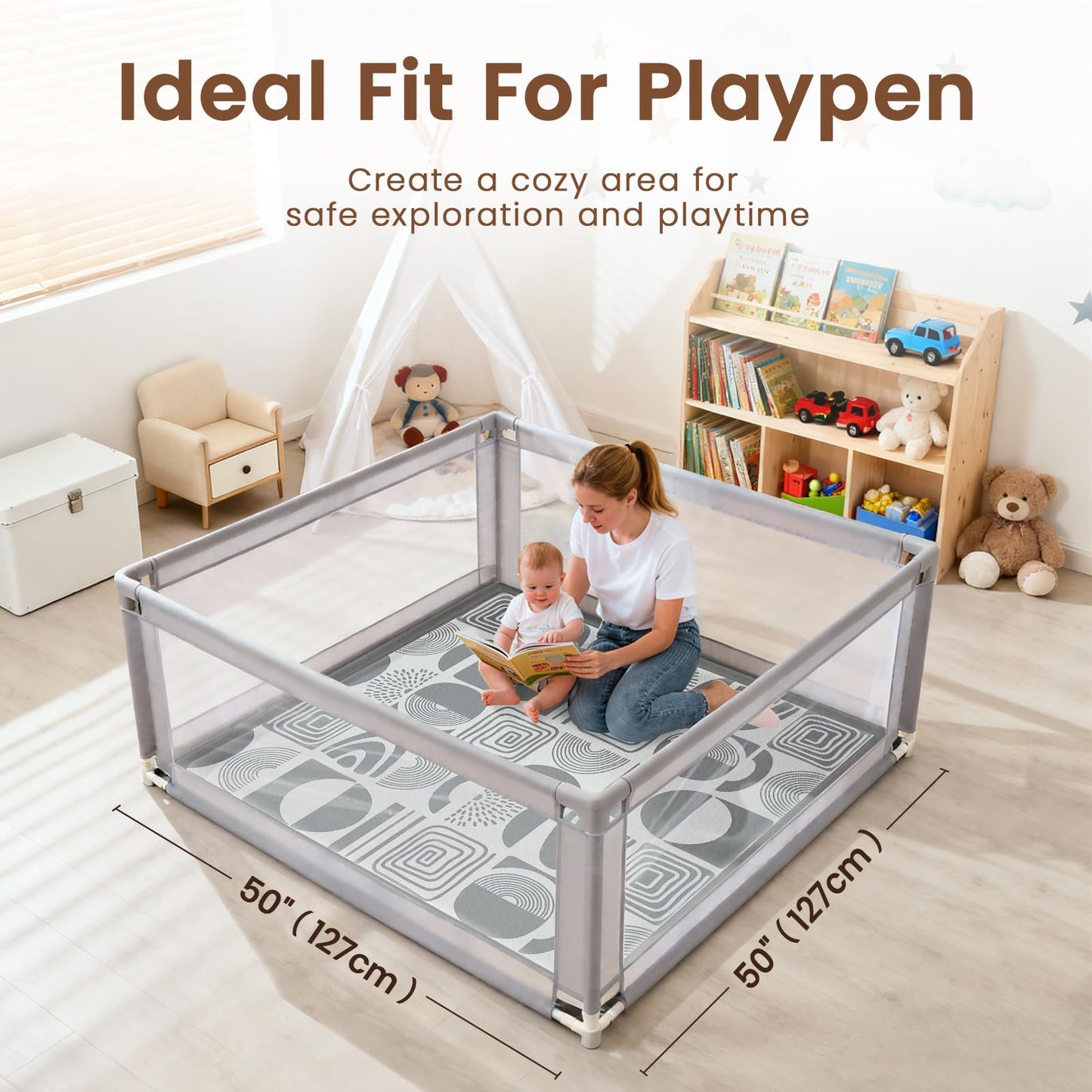 Omedecal 50"×50" Baby Play Mat for Floor & Playpen, 1.2" Thick High-Density Foam Nursery Mat for Tummy Time, Soft Plush Carpet with Non-Slip Bottom for Infant Toddler Baby Crawling & Playing (Grey)