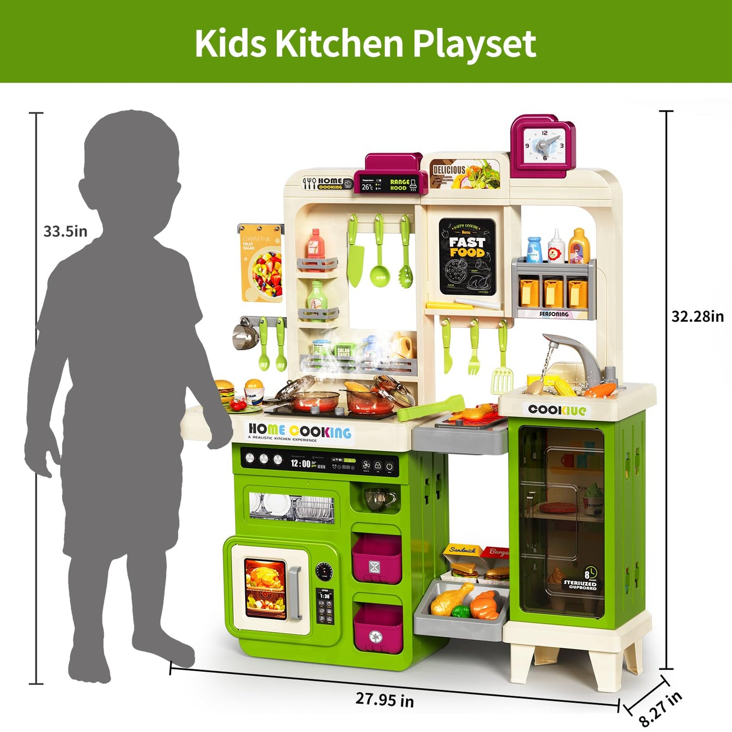 Pupu Pig Kids Kitchen Playset, Play Kitchen with Toy Stove, Grill, Sink, Play Food, ToyKitchen Accessories, Kitchen Interactive Play with Lights Sound Steam, Cooking Toys for Toddler Kid Gifts