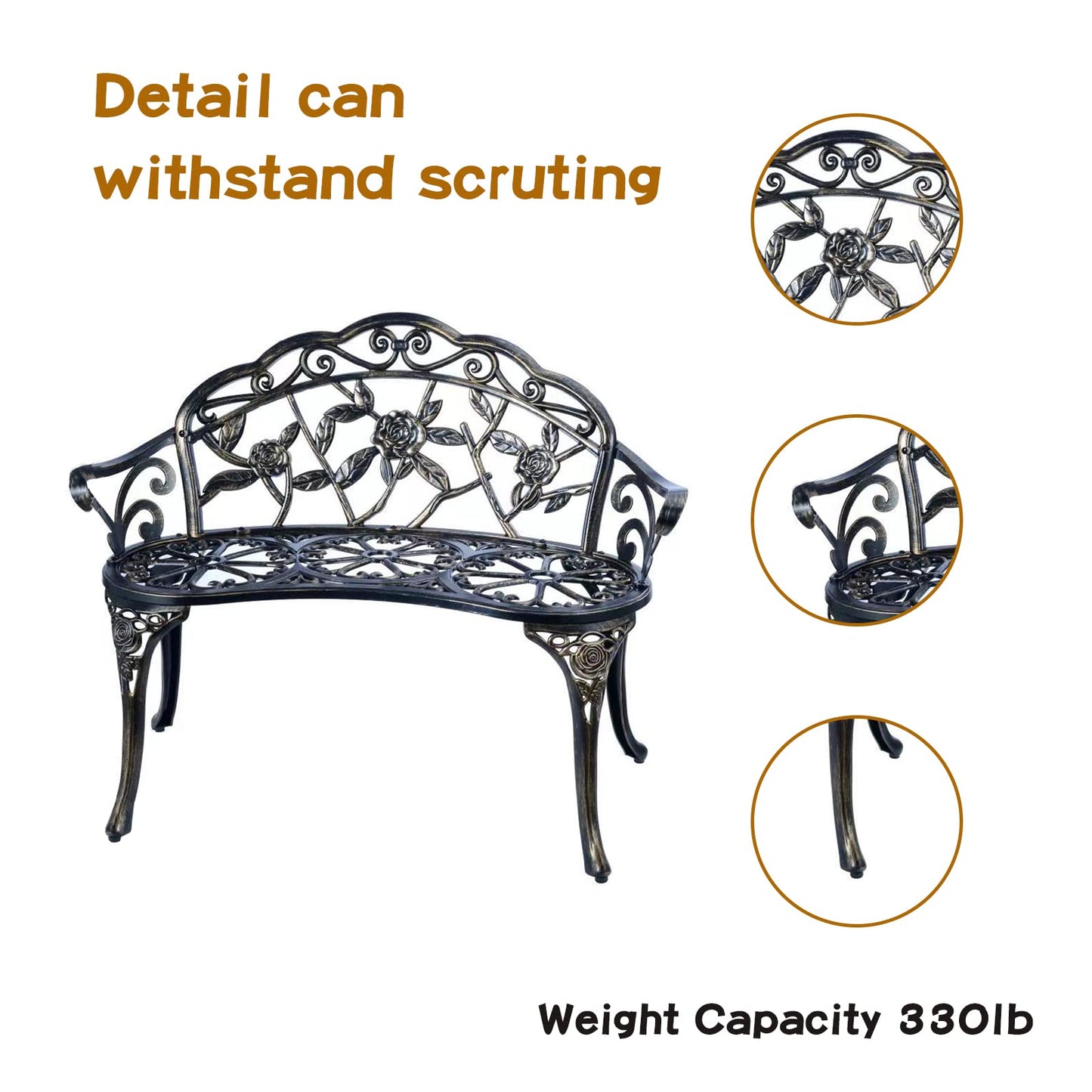 YKSY&YKSY Patio Garden Bench Metal Park Bench Cast Aluminum Outdoor Furniture with Floral Rose for Patio,Park,Lawn,Yard (Copper)