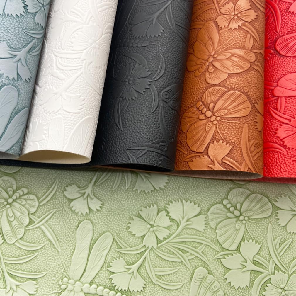 Embossed Faux Leather Sheets for Earrings Purses Making, 12 x 54 inch (32x137cm) Dragonfly Butterfly Flower Faux Leather for DIY Crafts Sewing Supplies (Light Green)