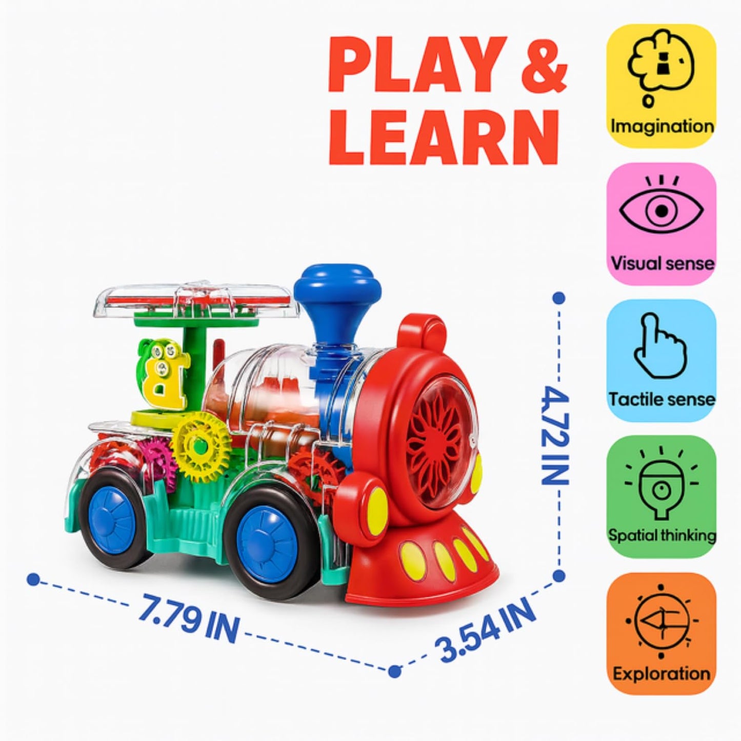 Tooty Toy Transparent Sensory Train Toy -Interactive Light up Toys for Kids- Musical Train Toys with LED Light for Toddlers- Colorful Moving Gears- Tummy Time Crawling Baby Toy