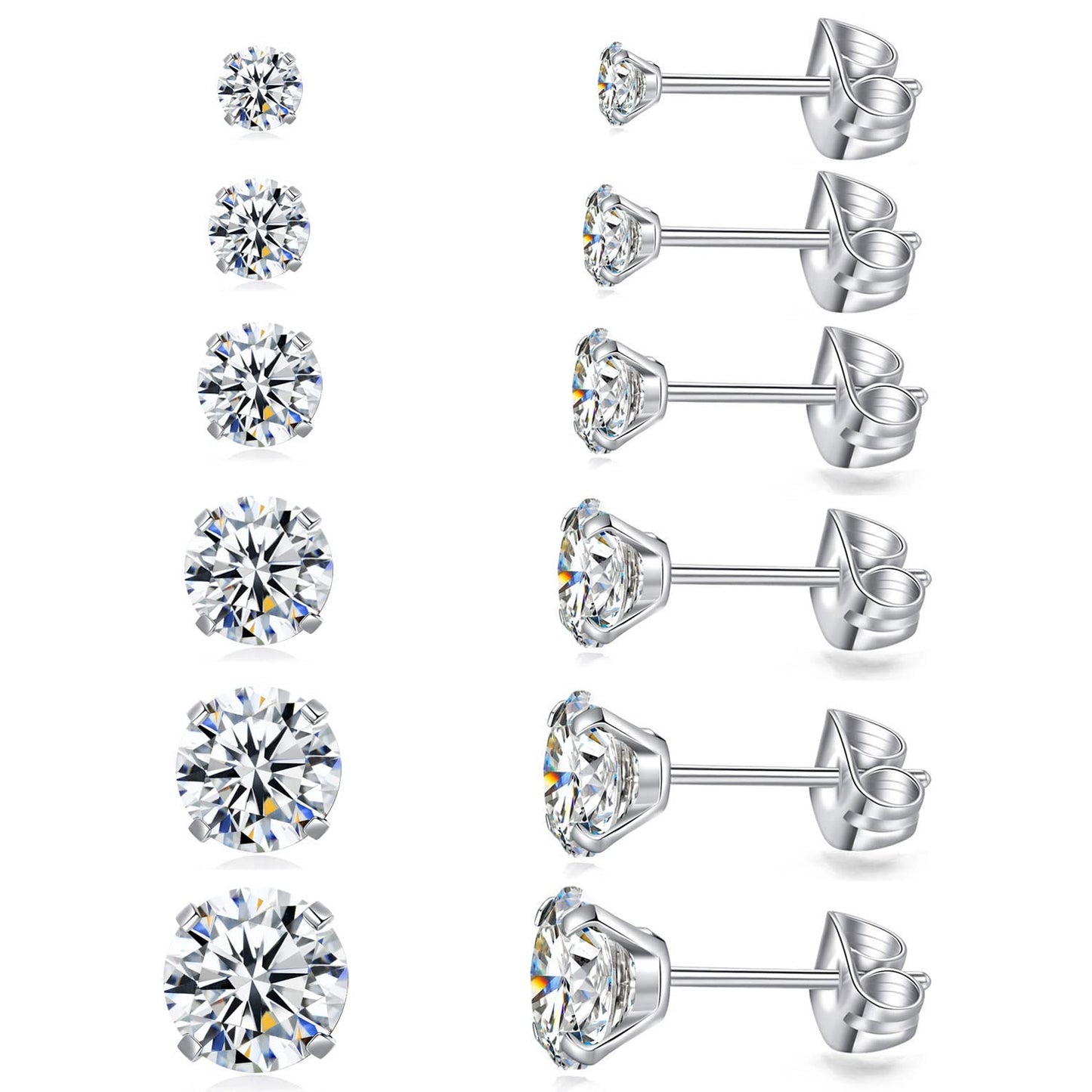 6 Pairs Stud Earrings Set, Hypoallergenic Cubic Zirconia Earrings 316L Stainless Steel CZ Earrings 3-8mm (White CZ)