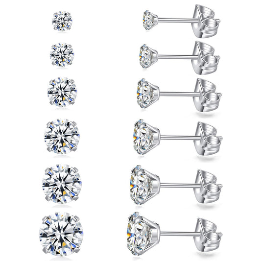 6 Pairs Stud Earrings Set, Hypoallergenic Cubic Zirconia Earrings 316L Stainless Steel CZ Earrings 3-8mm (White CZ)
