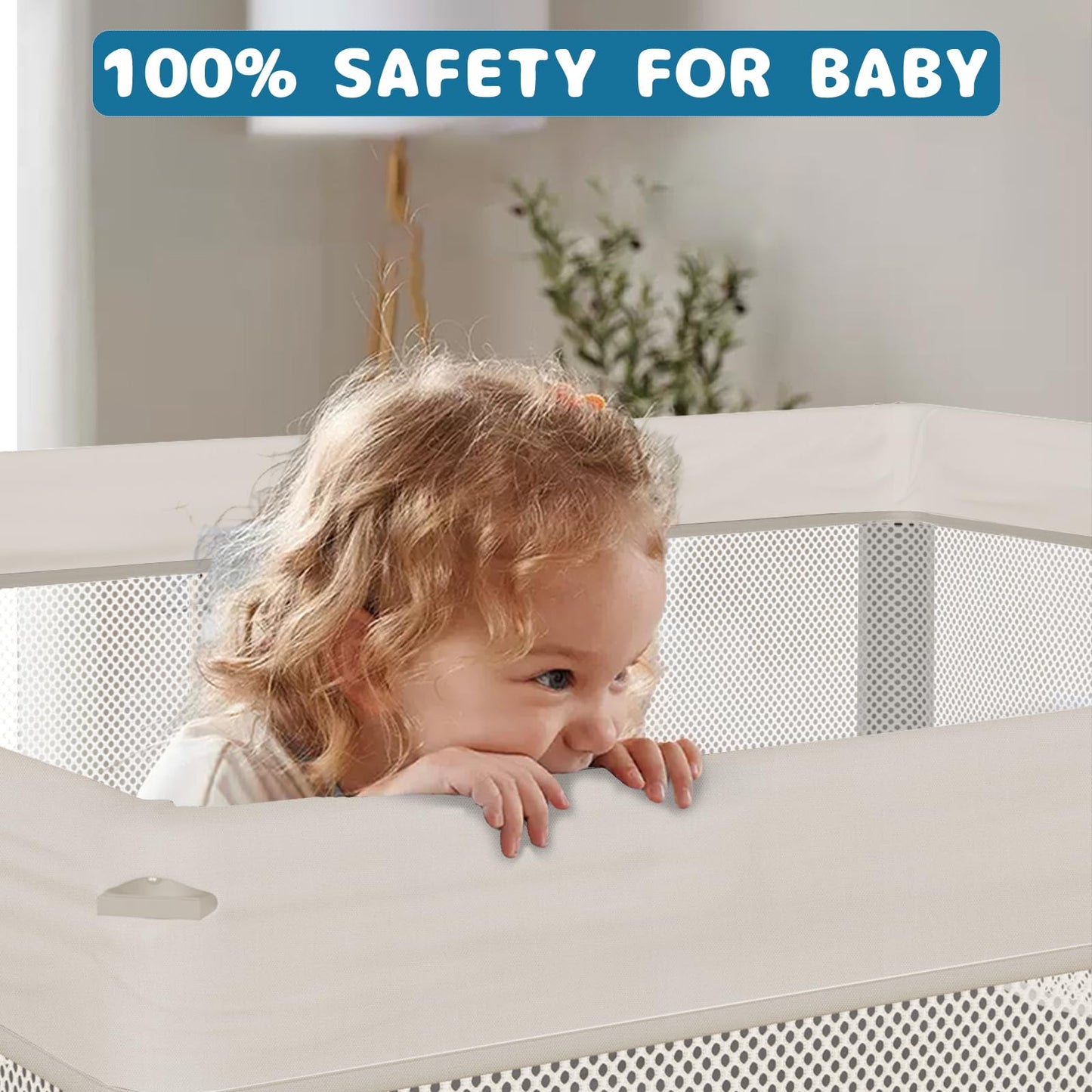 Semoprus Baby Playpen, Portable Indoor Outdoor Play Area with Balls, Beige, 50x50x27 Inch, Quick Fold Design, Mesh Safety Panels, for 0-36 Months