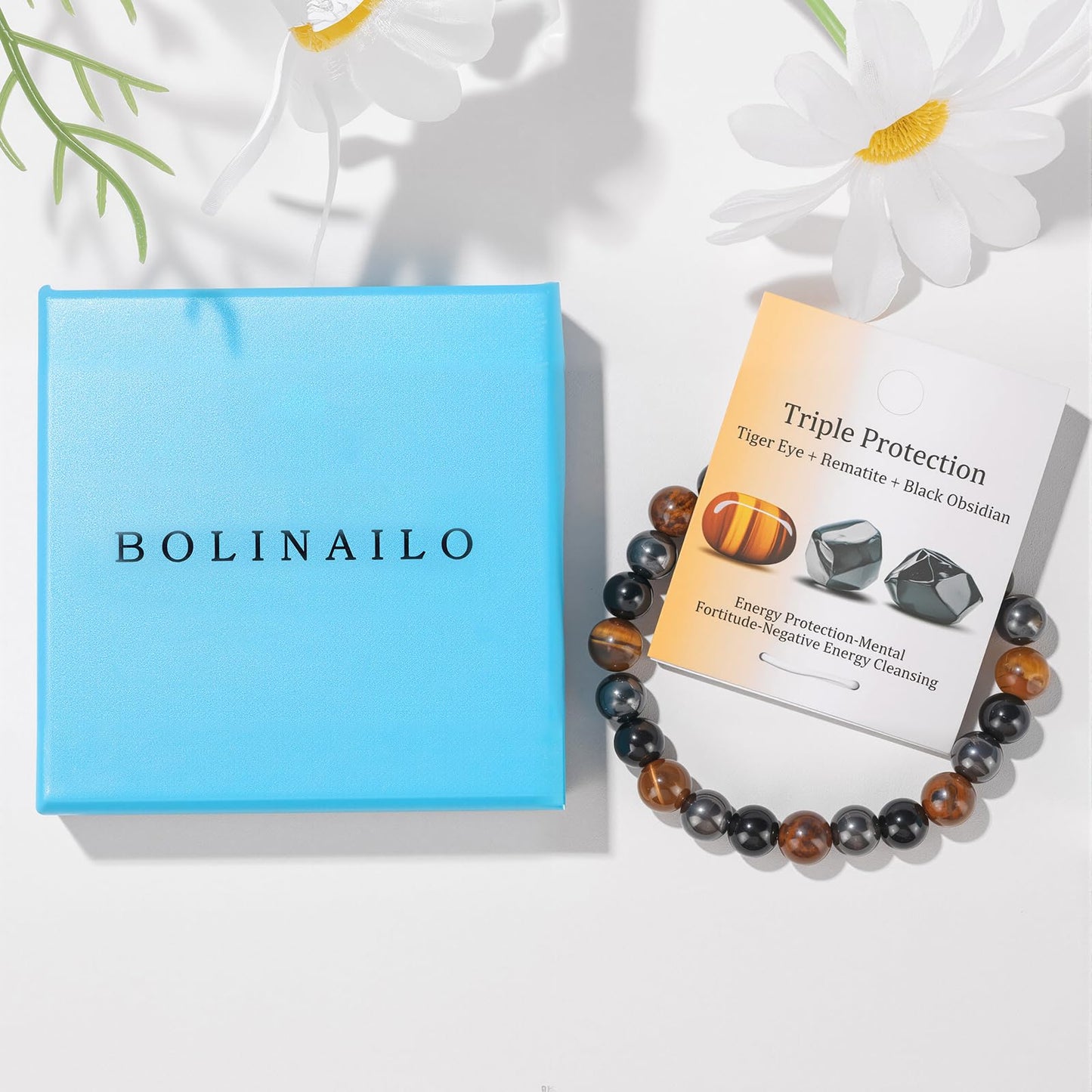 Bolinailo Healing Crystal Triple Protection Bracelet 8mm Crystal Beaded Bracelet for Women Men Natural Stones of Tiger Eye, Hematite, Black Obsidian Handmade Gemstone Reiki Spiritual Jewelry Gifts