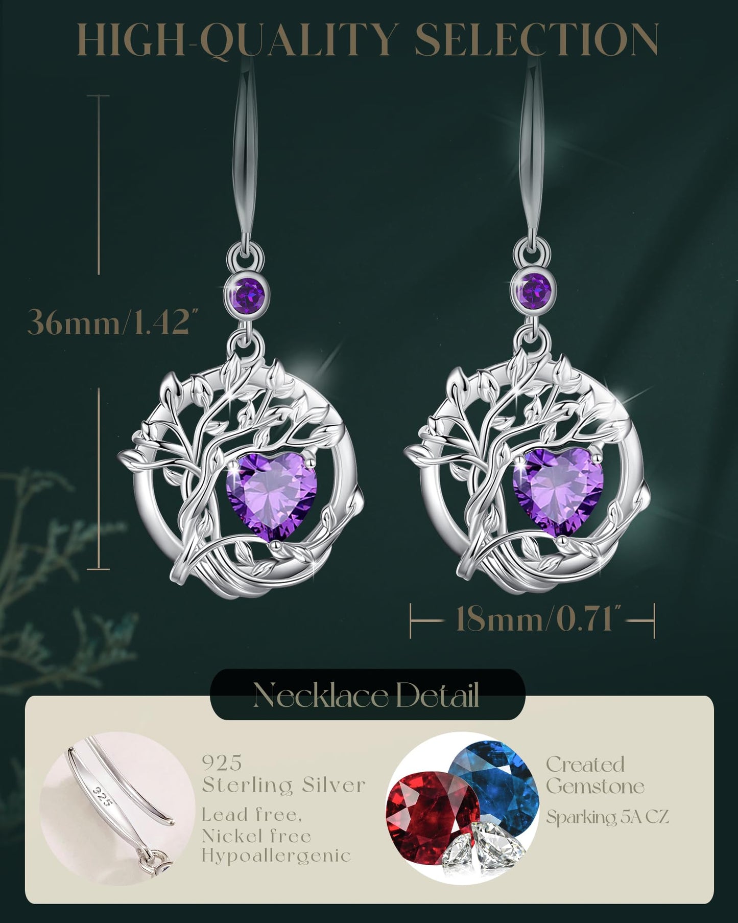 FANCIME Tree of Life Earrings 925 Sterling Silver Dainty Purple Amethyst Dangle Drop Gemstone Earring February Birthstone Fine Jewelry Birthday Mothers Day Gifts for Women Her
