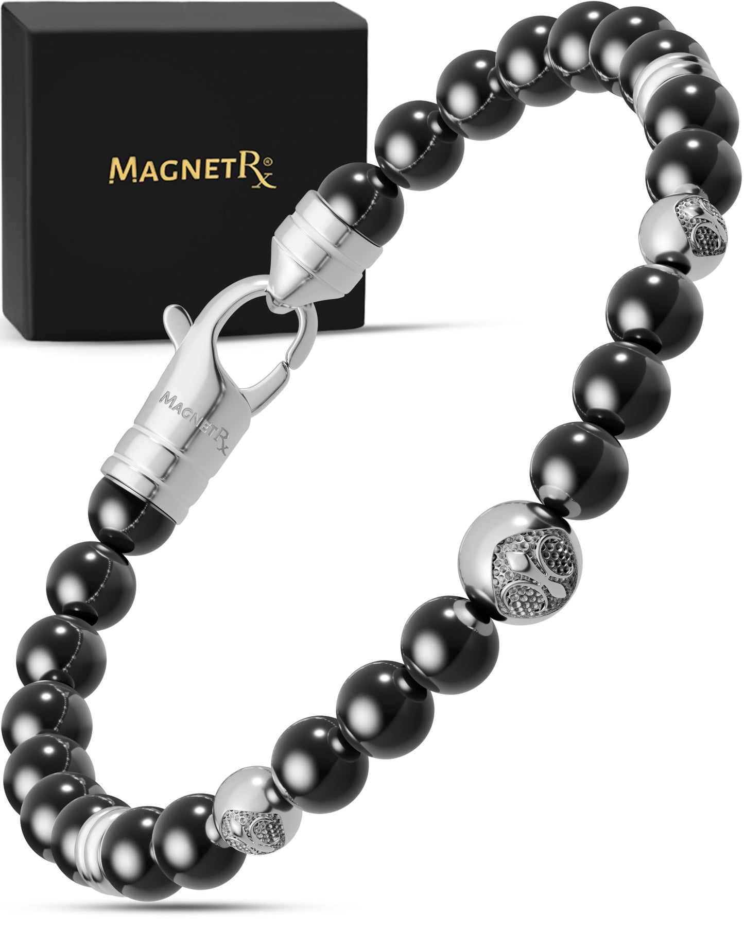 MagnetRX® Hematite Magnetic Bracelet – Max Strength Magnet Stones with Stainless Steel Charms – Elegant Magnetic Hematite Beaded Bracelets for Men (Armory | Large)
