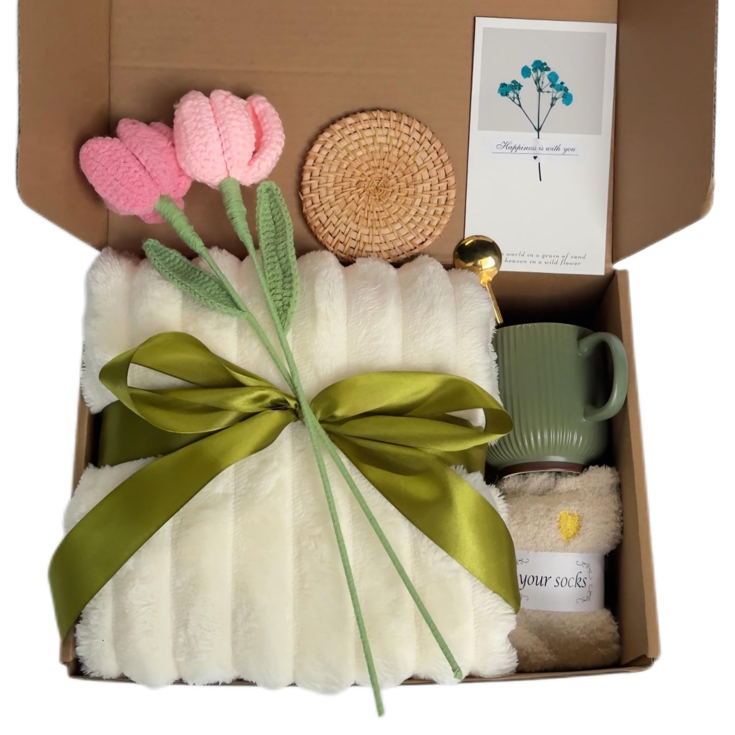Self Care Gift Basket for Women – 8-Piece Thoughtful Present for Birthdays, Mother's Day, Graduation, Recovery, Mental Wellness, Knit Tulip Gift Throw Blanket,Self Love Box,Happy Birthday Gifts