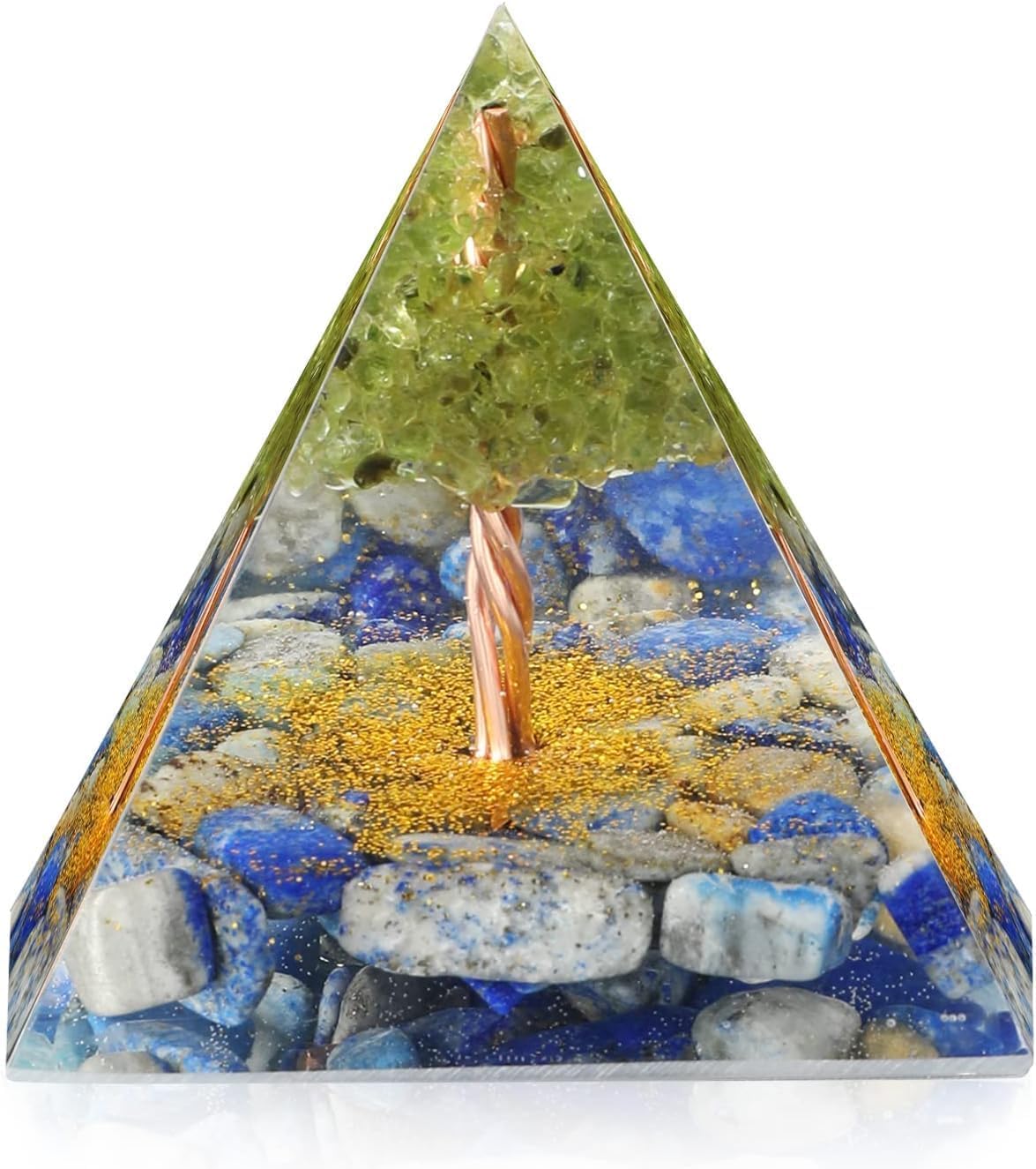 EternalOrgone Tree of Life Orgone Pyramid for Positive Energy, Orgonite Peridot&Lapis Lazuli Healing Crystal Pyramids for Reduce Stress Chakra Reiki Healing Meditation Attracts Lucky and Success