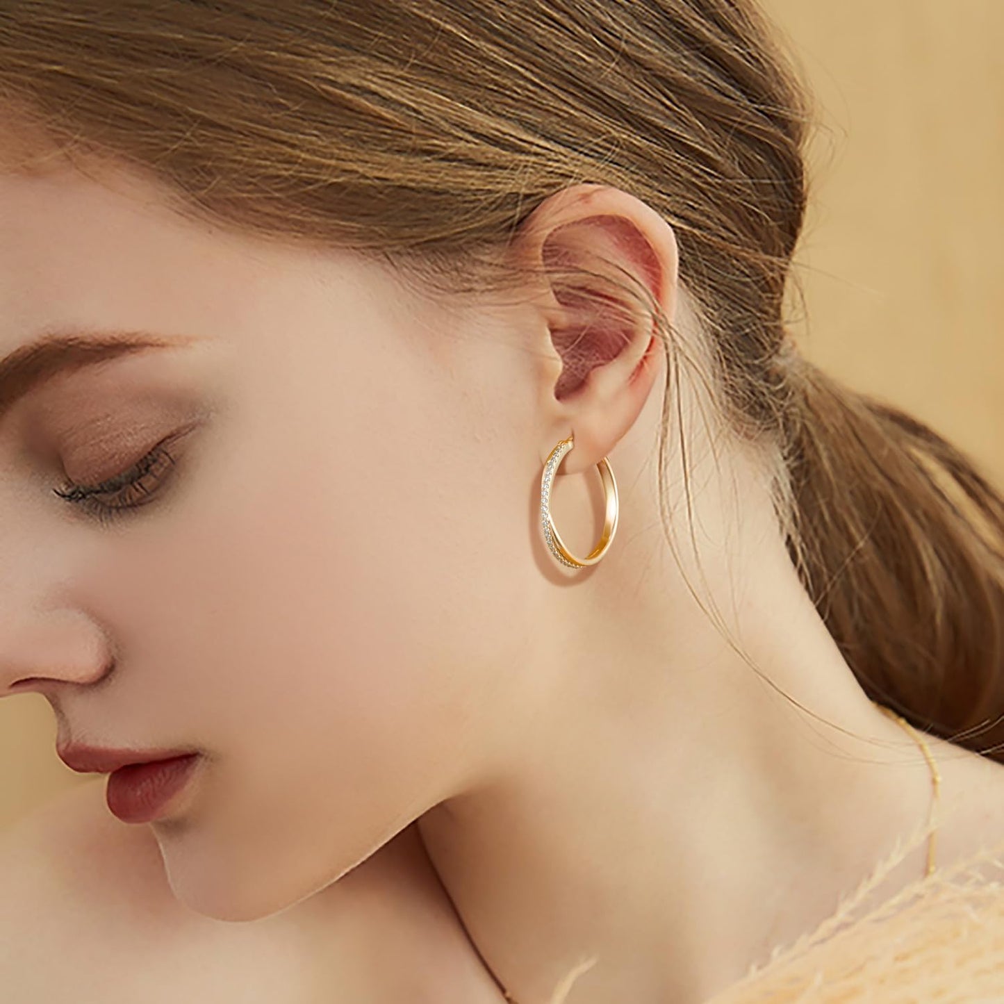 ELEBEST Hoop Earrings 14K Hoop Gold Earrings for Women Thick Large Diamond Hoops Earring Elegant X-shaped Gold Huggie Earring 30mm