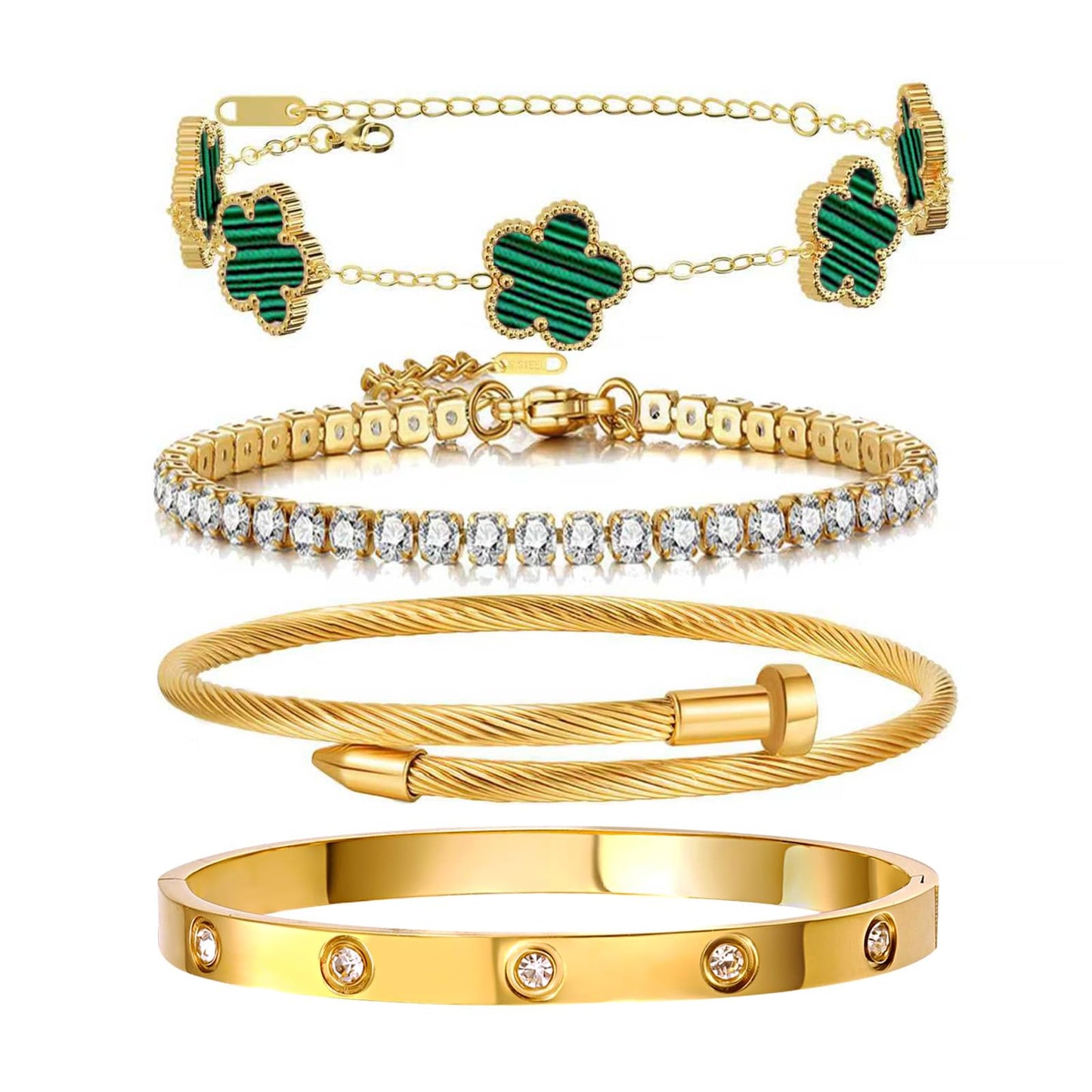Gold Bracelets for Women, 18K Gold Plated Women Tennis Bracelets Clover Nail Love Bangle Bracelet Set, Gold Bracelet Stackable Set Trendy Jewelry, Gifts for Women's Day and Mother's Day (07-Color-green)