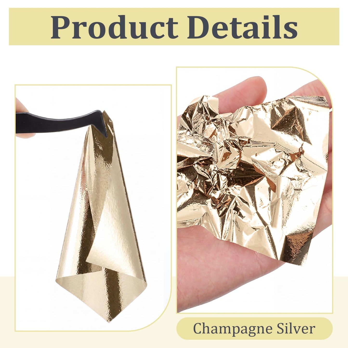 Maitys 400 Pcs Imitation Gold Leaf Sheet, for Art Silver Foil Sheet Set with Brush and Nipper for Painting Gilding Picture Frame Sculpture DIY Craft Decoration Furniture, 3.5 x 3.5 Inches(Champagne)