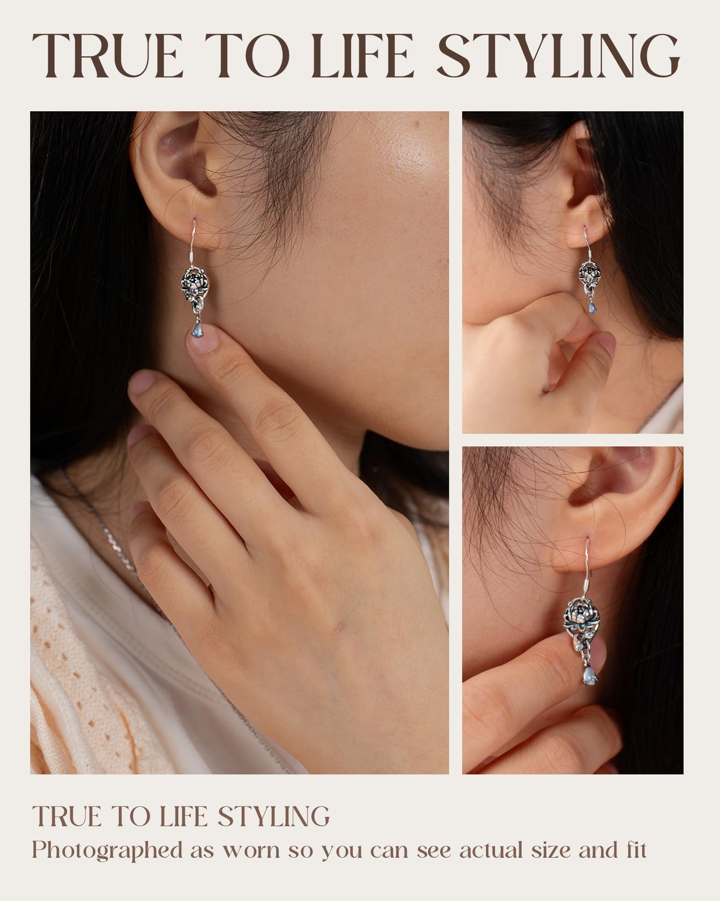 S925 Sterling Silver Turquoise Dragonfly Sunflower/Hummingbird/Butterfly/Cross/Anchor Earring Vintage Bohemian Jewelry Natural Drop/Stud Earrings Birthday Jewelry Gifts for Women (Moonstone Lotus)
