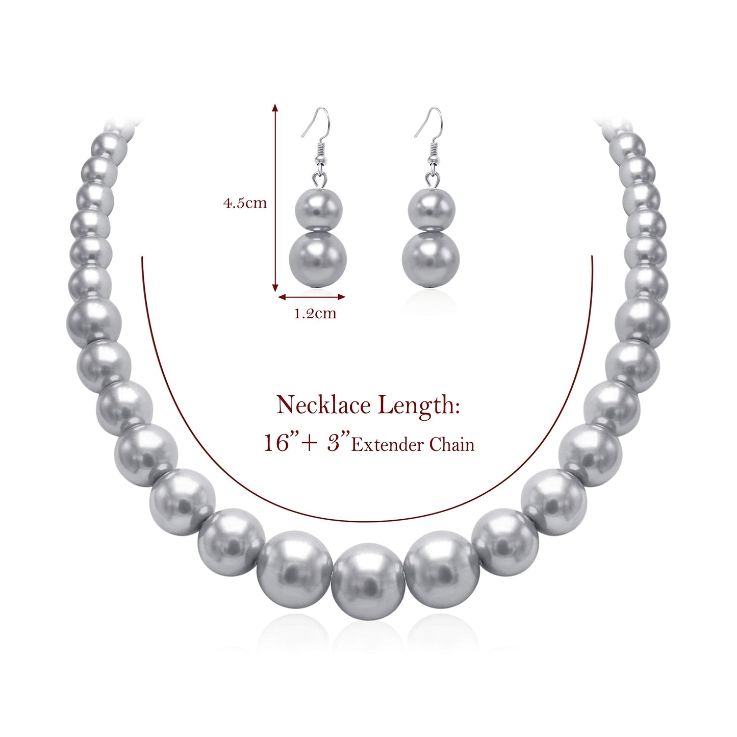 Cryshimmer Pearl Choker Necklace for Women Faux Pearl Beads Strand Necklace Earring Set Costume Jewelry (Grey)
