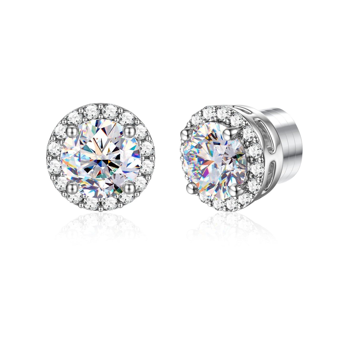 GEMQUEEN Moissanite Magnetic Earrings for Men Women : Hypoallergenic 14K White Gold Plated Stainless Steel Non Piercing Fake Earrings Studs Halo Round D Color VVS1