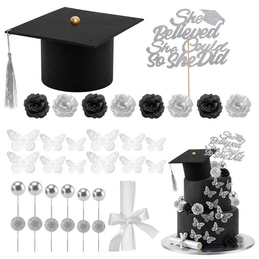 35 Pcs Graduation Cake Toppers Class of 2026 Graduations Cap Diploma She Believed She Could Beads Flowers Butterfly Cake Decorations for 2026 Graduation Party Supplies