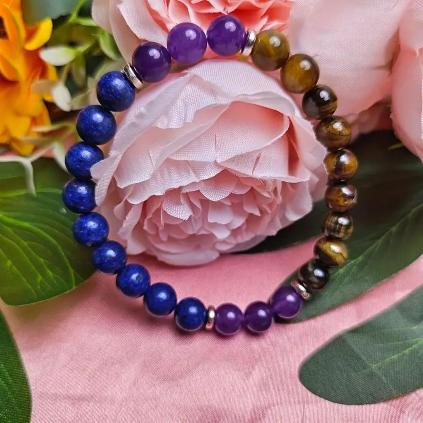 KONPJE Anxiety Beaded Bracelet for Women Natural Healing Crystal Bracelets Yoga Beads Chakra Bracelets Triple Protection Handmade Stretch Fidget Tiger Eyes Bracelet for Men Good Luck Jewelry (Purple)