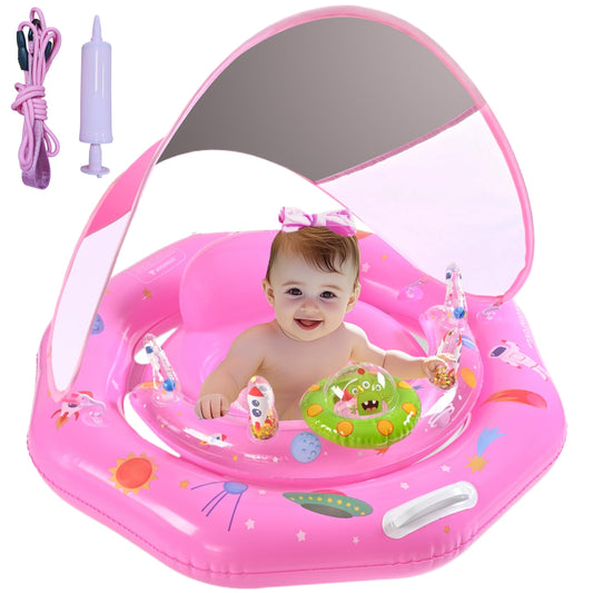 Baby Pool Float with Canopy UPF50+ Sun Protection, Inflatable Infant Pool Float with Adjustable Safety Seat & Toy Play Console，Baby Floatie for 6-36 Months Boys & Girls，Safety Handles & Leashes（Pink）