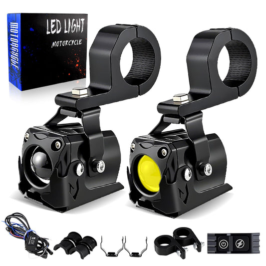 APMAT Motorcycle Lights LED Auxiliary Spotlights Driving Fog Light, with Mount Brackets 7 Modes White/Amber Dual Color Strobe Switchback for Motorcycle Electric Bike, 2PCS