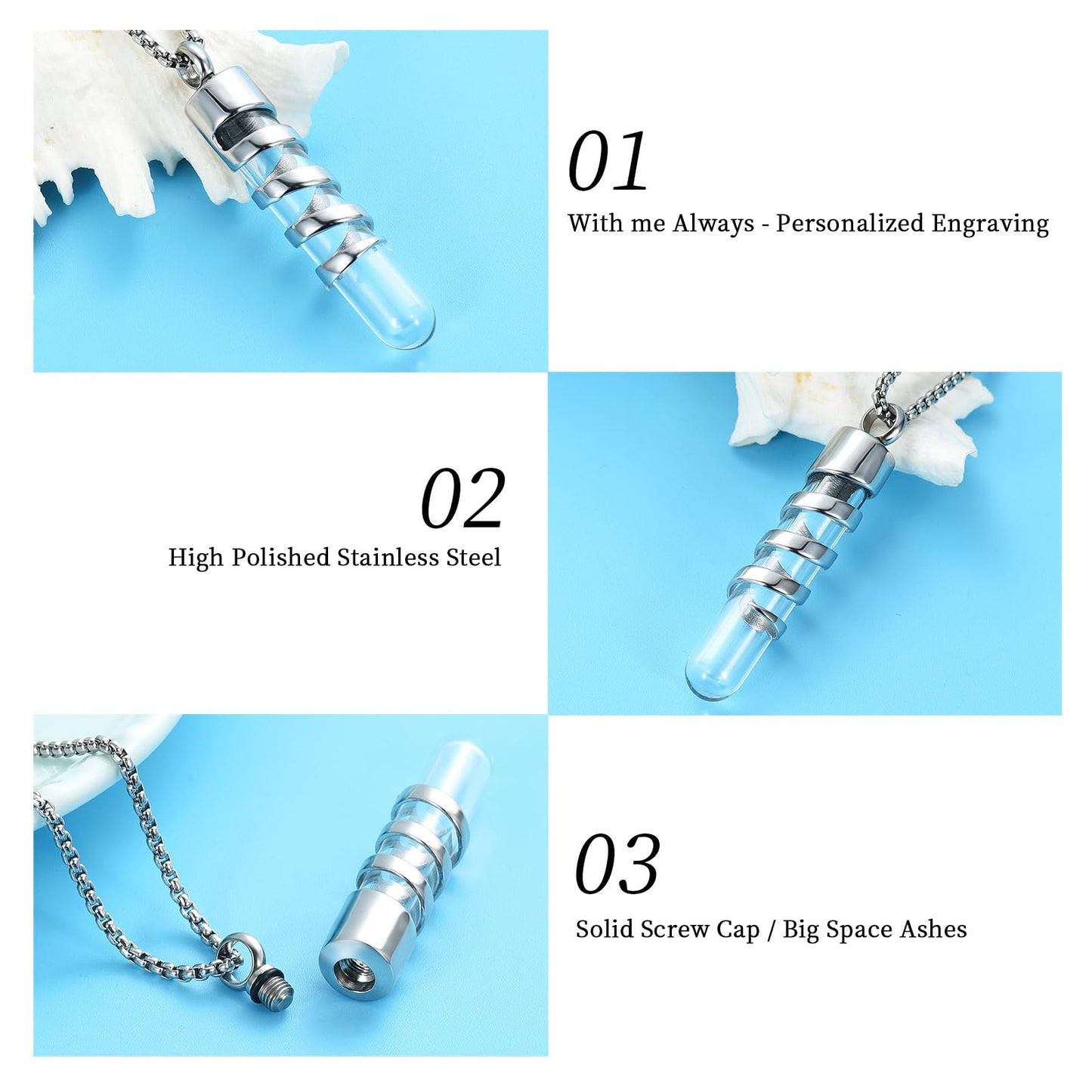 Oinsi Clear Glass Tube Cremation Jewelry for Men Women Ashes Holder Necklace Keepsake Cylinder Memorial Pendant Angel wings Urn Necklace (Sliver)