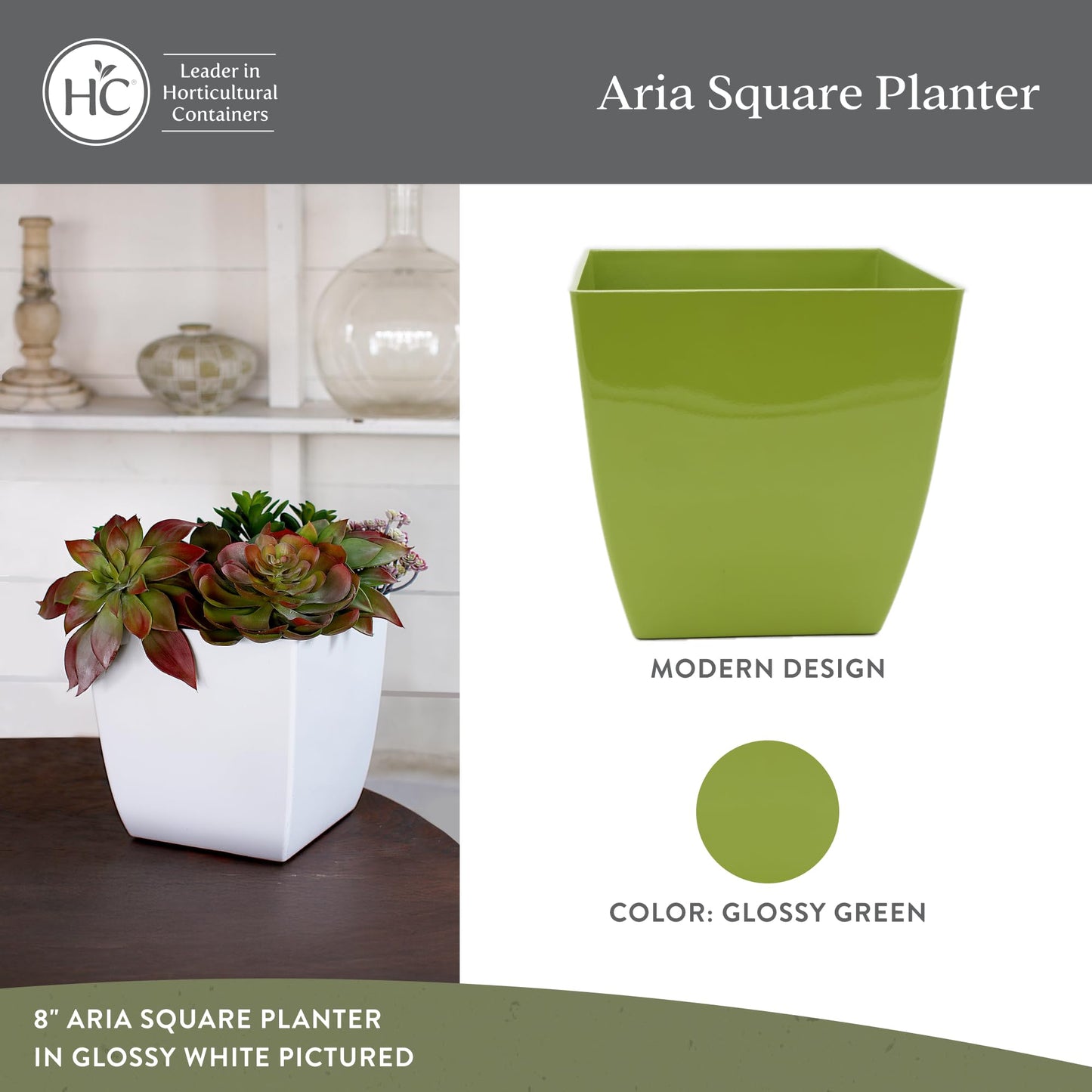 The HC Companies Aria Square Plant Pot w/Drainage - Classic Planters for Outdoor Plants & Indoor Plants - Lightweight & UV-Resistant Plastic Pots for Plants (12" Glossy Green, Pack of 1)