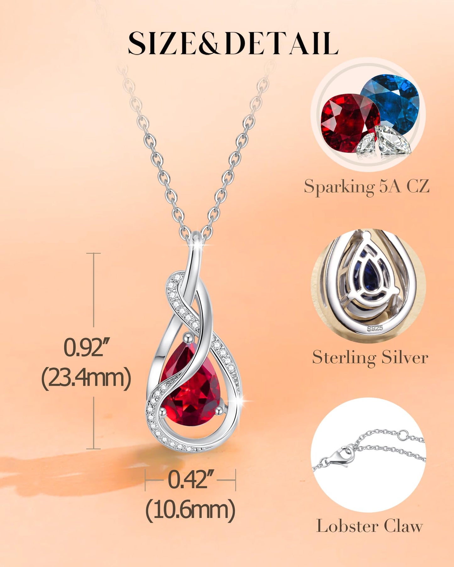 FANCIME Ruby Necklace July Birthstone Sterling Silver Infinity Knot Pendant Necklace Red Gemstone Fine Jewelry Birthday Mothers Day Gifts for Women Mom