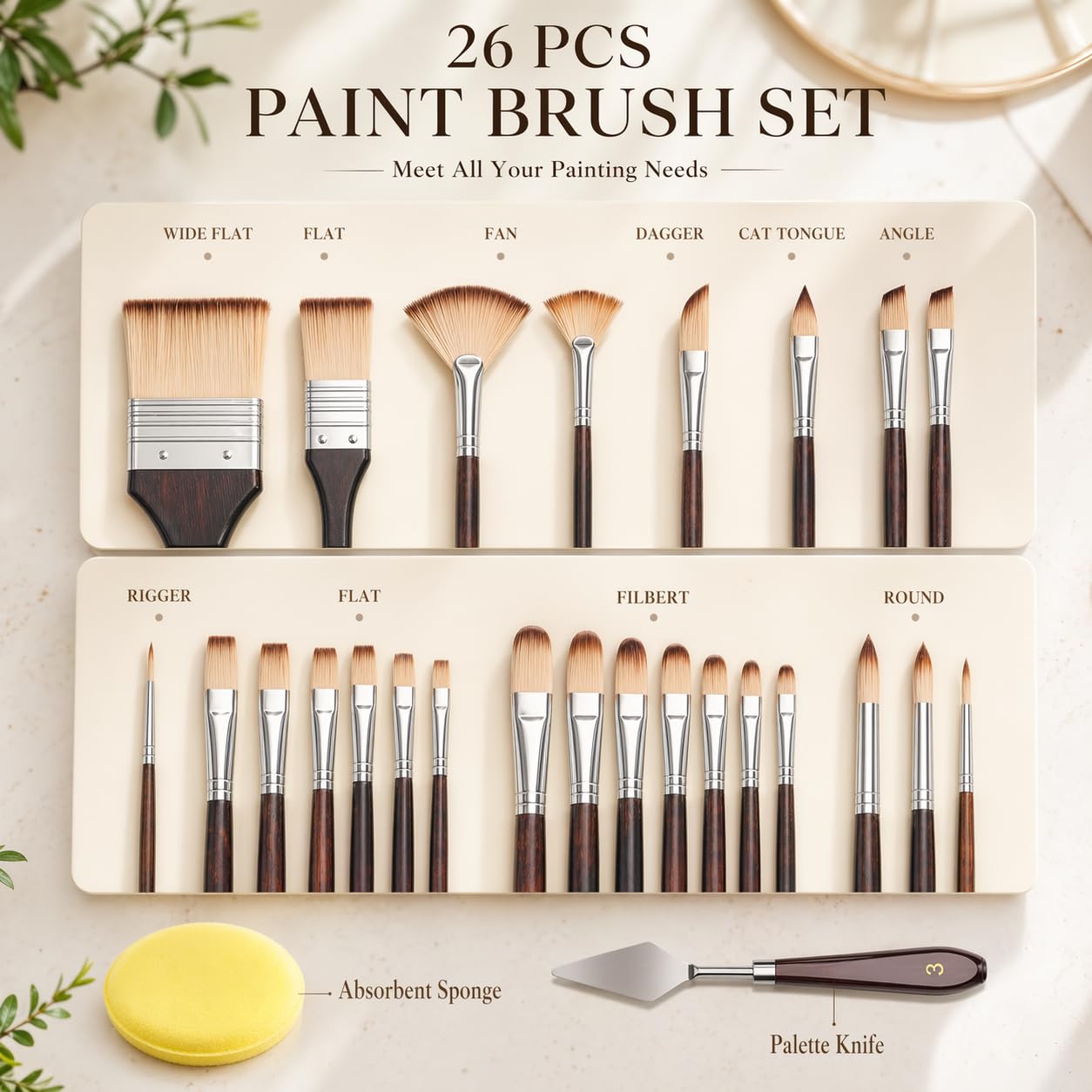 Paint Brush Set for Watercolor & Oil Painting, 26 Pcs Travel Watercolor Acrylic Paint Brushes with Flat, Filbert, Fan, Dagger, Cat Tongue, Round, Palette Knife, Paintbrush Kit for Beginners & Artist